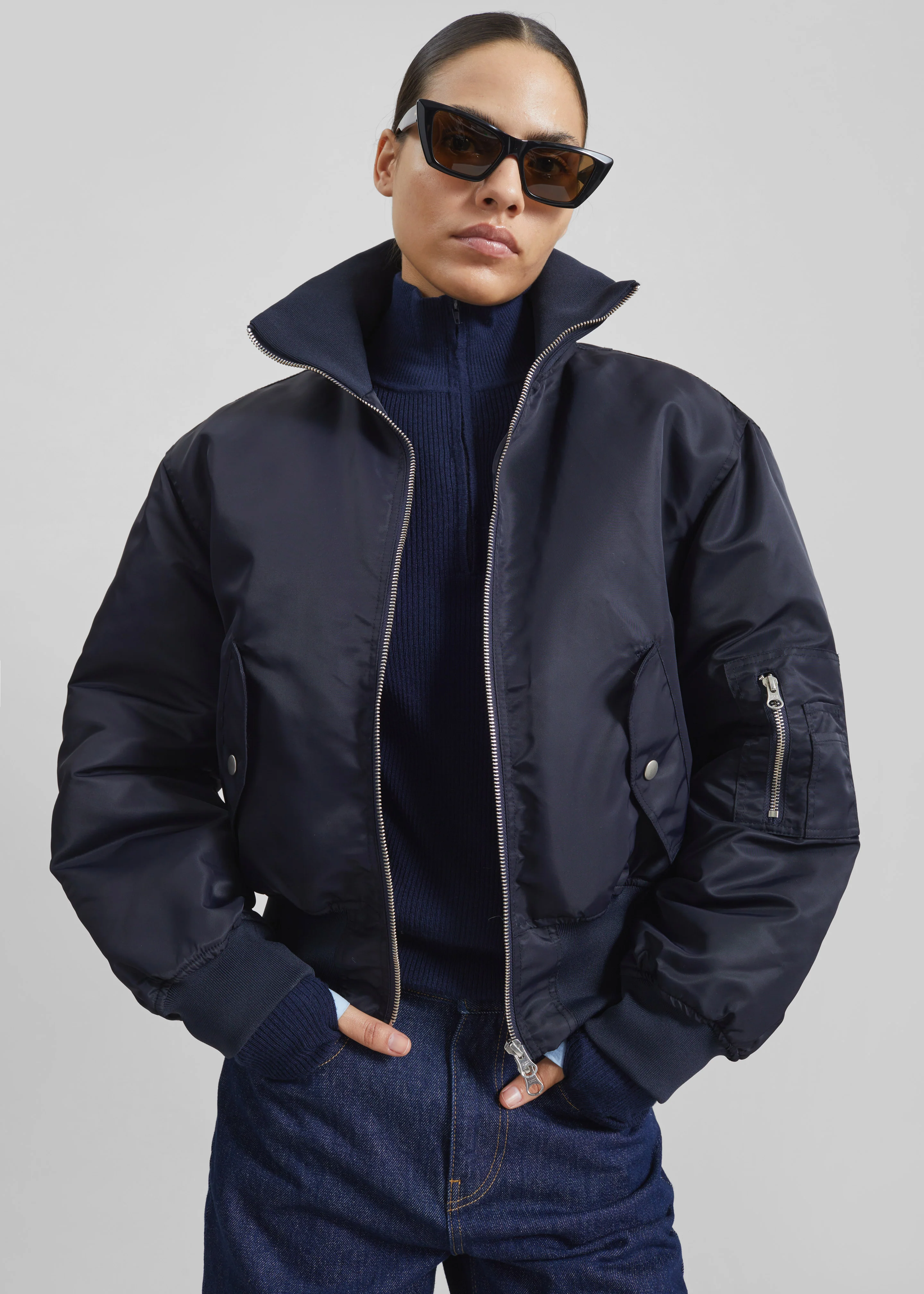 Maloy Cropped Bomber Jacket - Navy - Image 7
