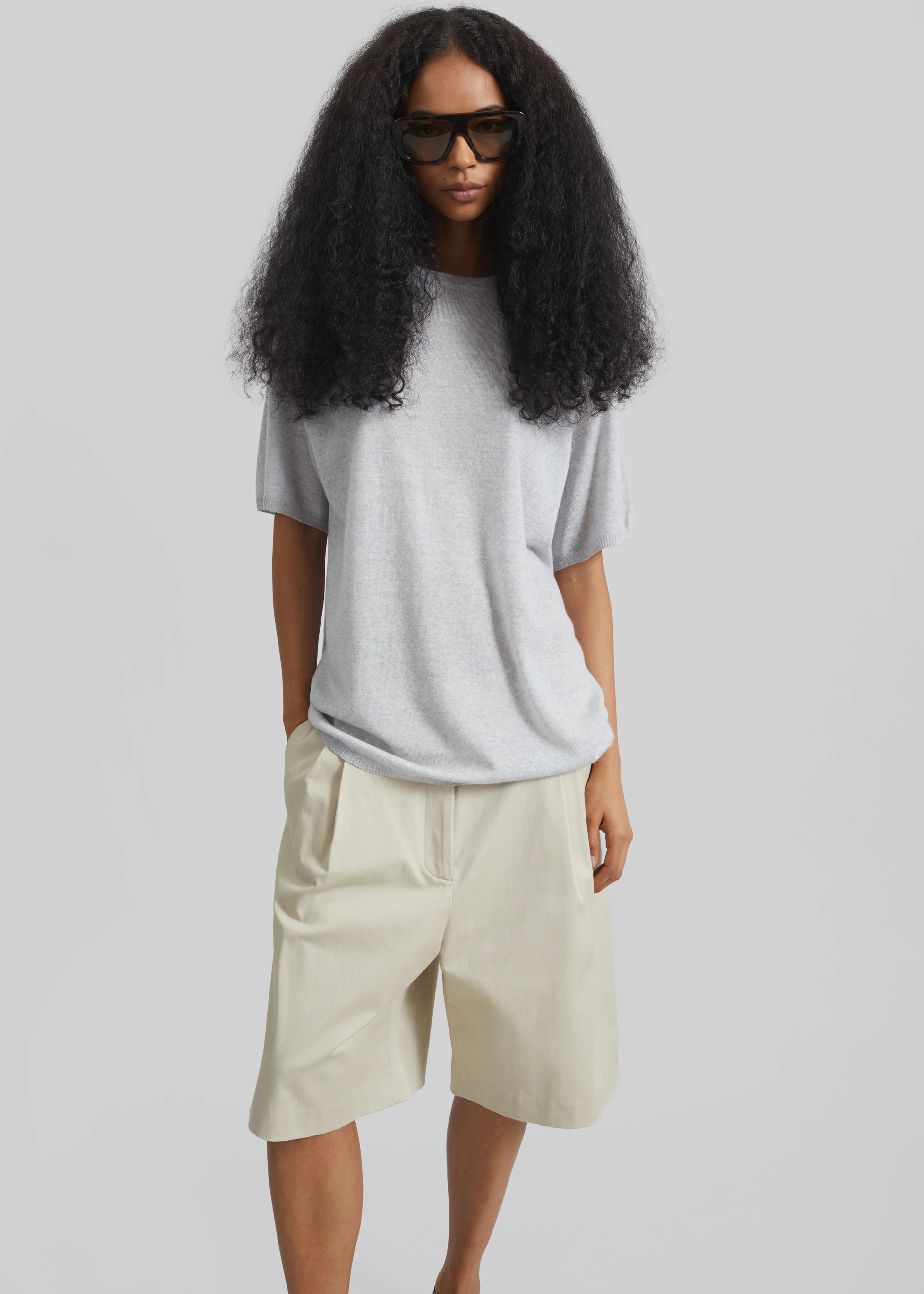 Marfa Cotton Pleated Bermuda - Light Beige