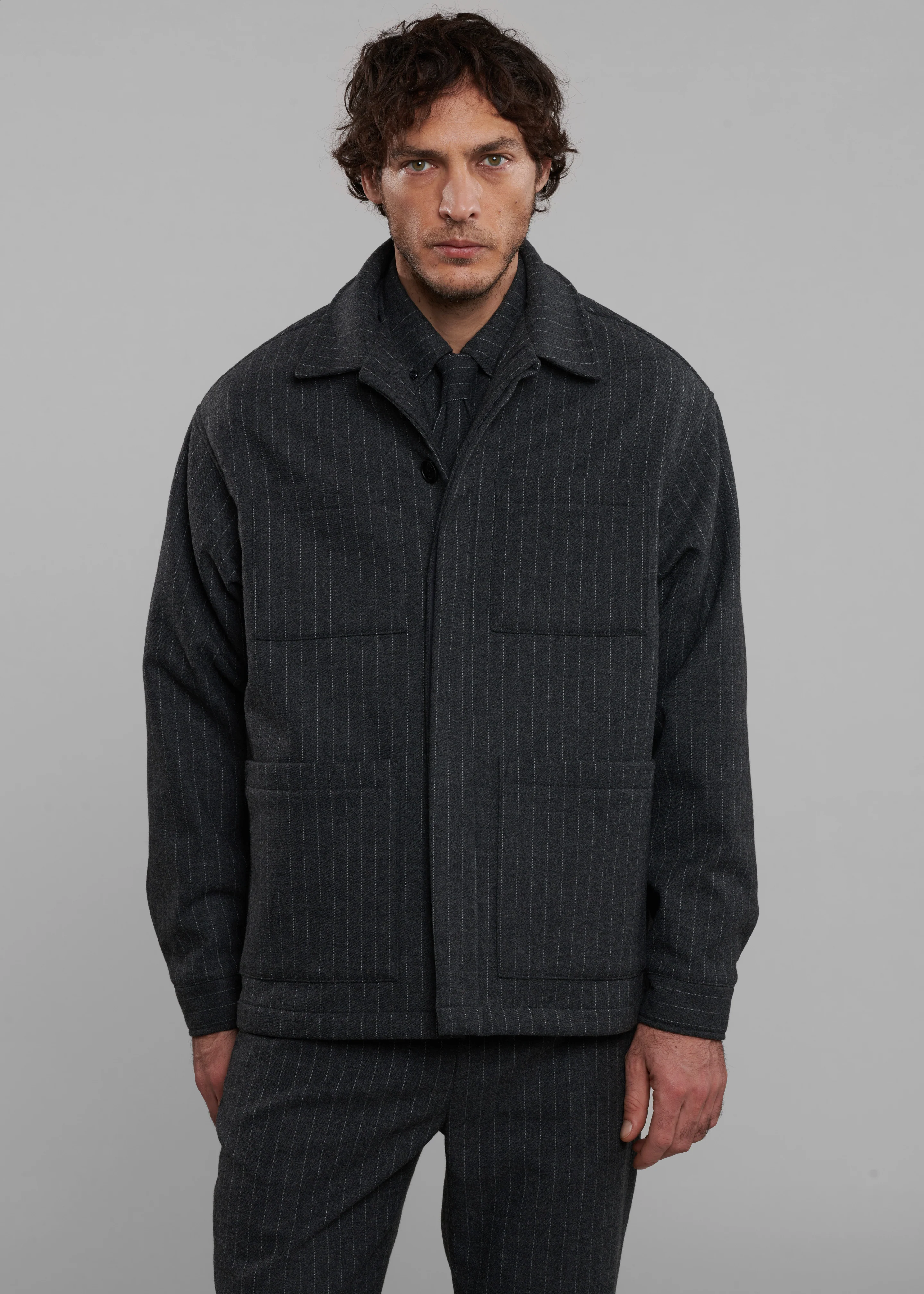 Mason Boxy Wool Jacket - Dark Grey/White Pinstripe - Image 7