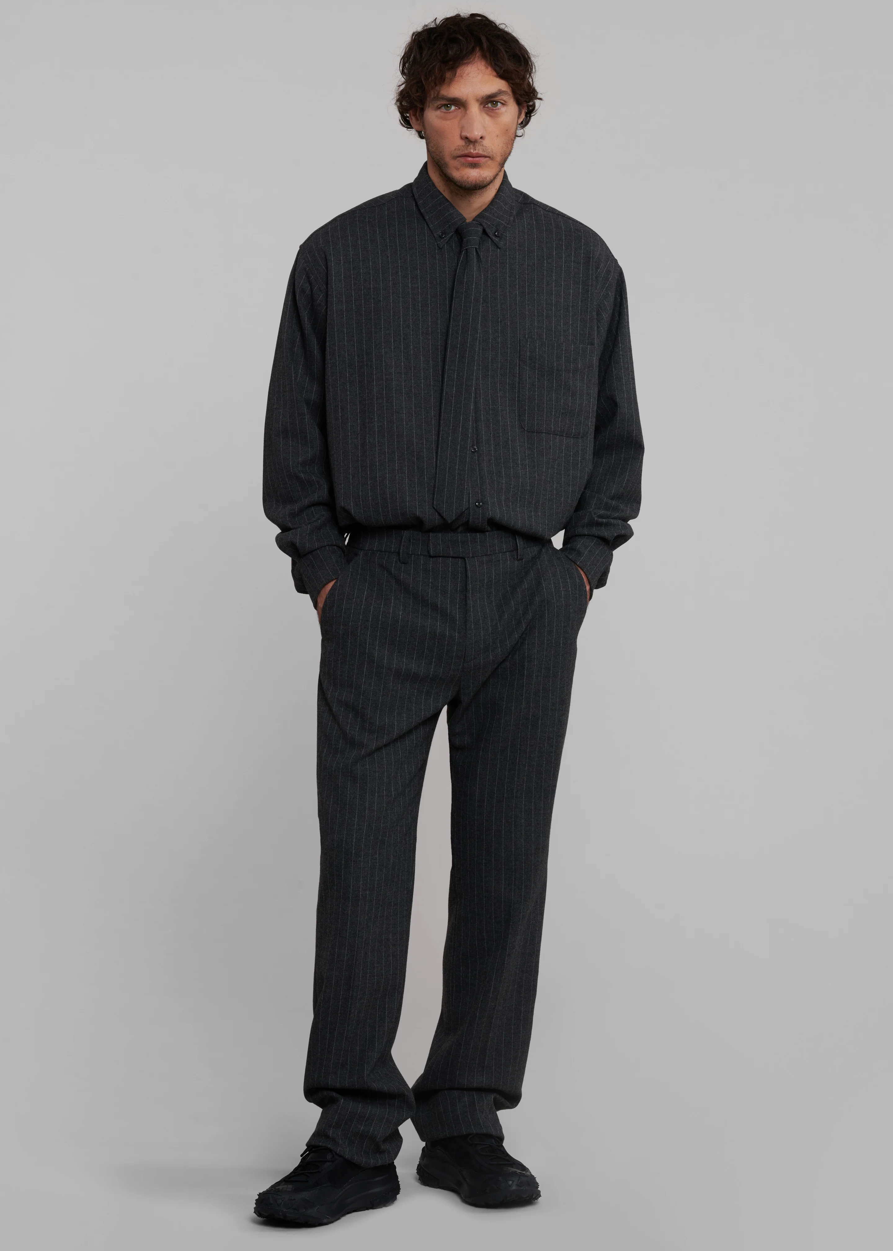 Mason Wool Button Up Shirt - Dark Grey/White Pinstripe - Image 6