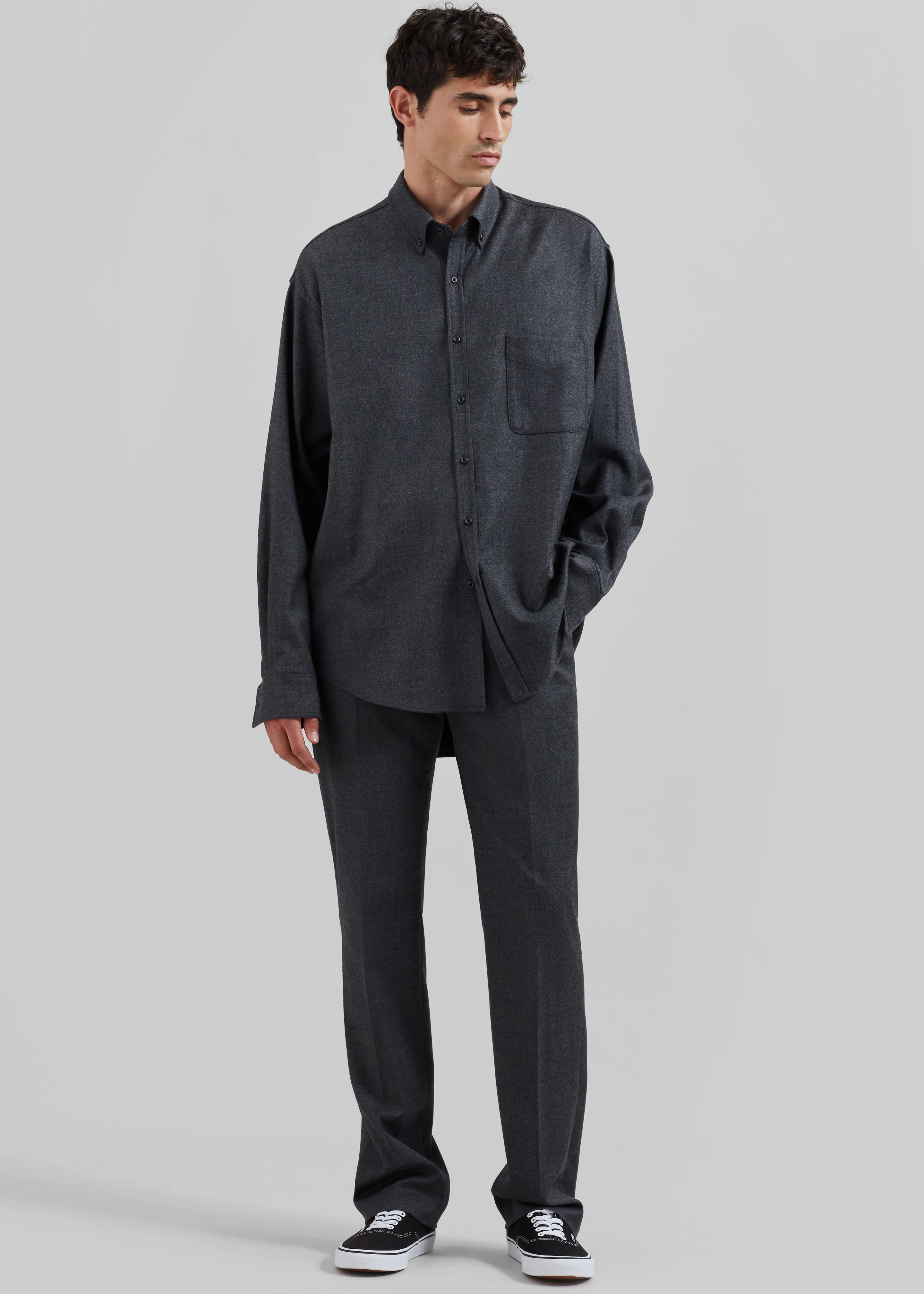 Mason Wool Flannel Button Up Shirt - Charcoal - Image 4