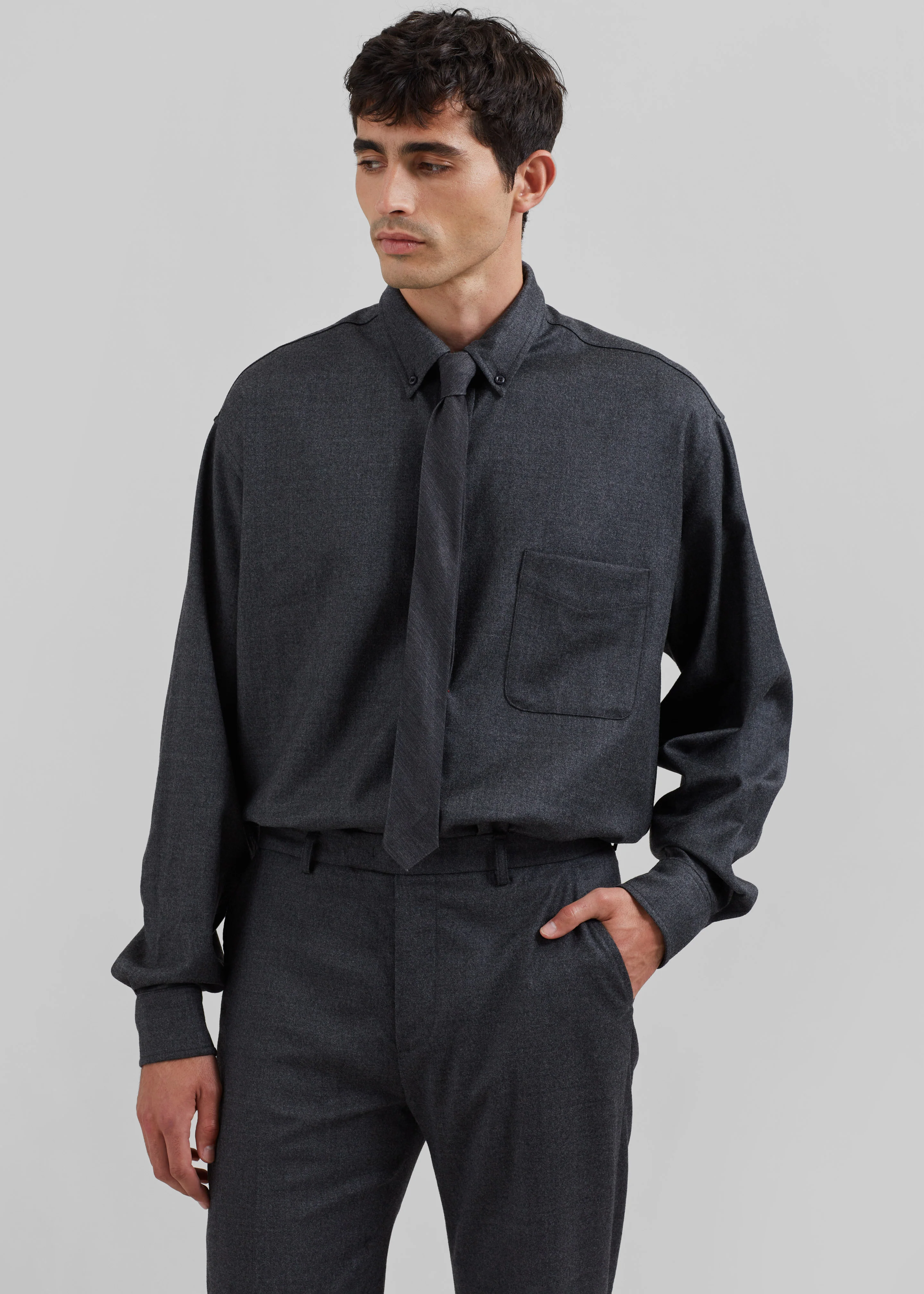 Mason Wool Flannel Button Up Shirt - Charcoal - Image 5