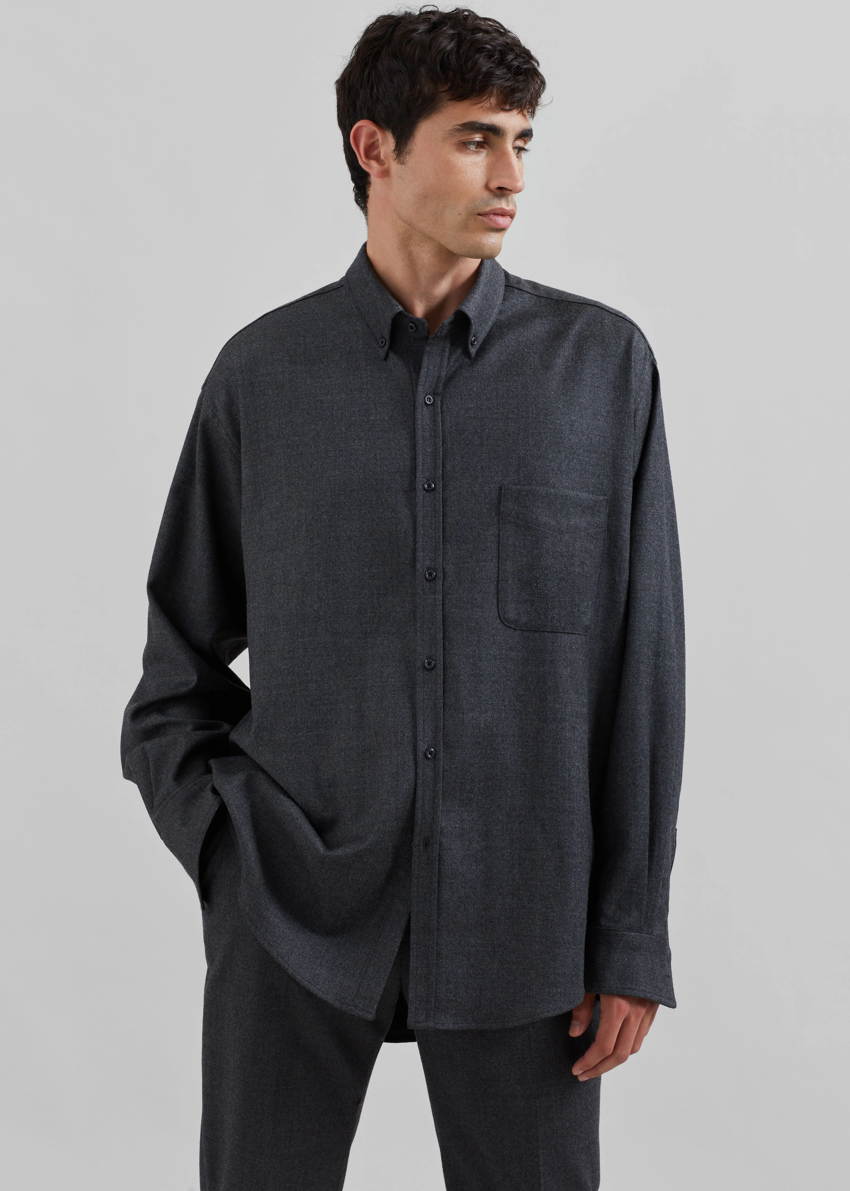 Mason Wool Flannel Button Up Shirt - Charcoal - Image 7