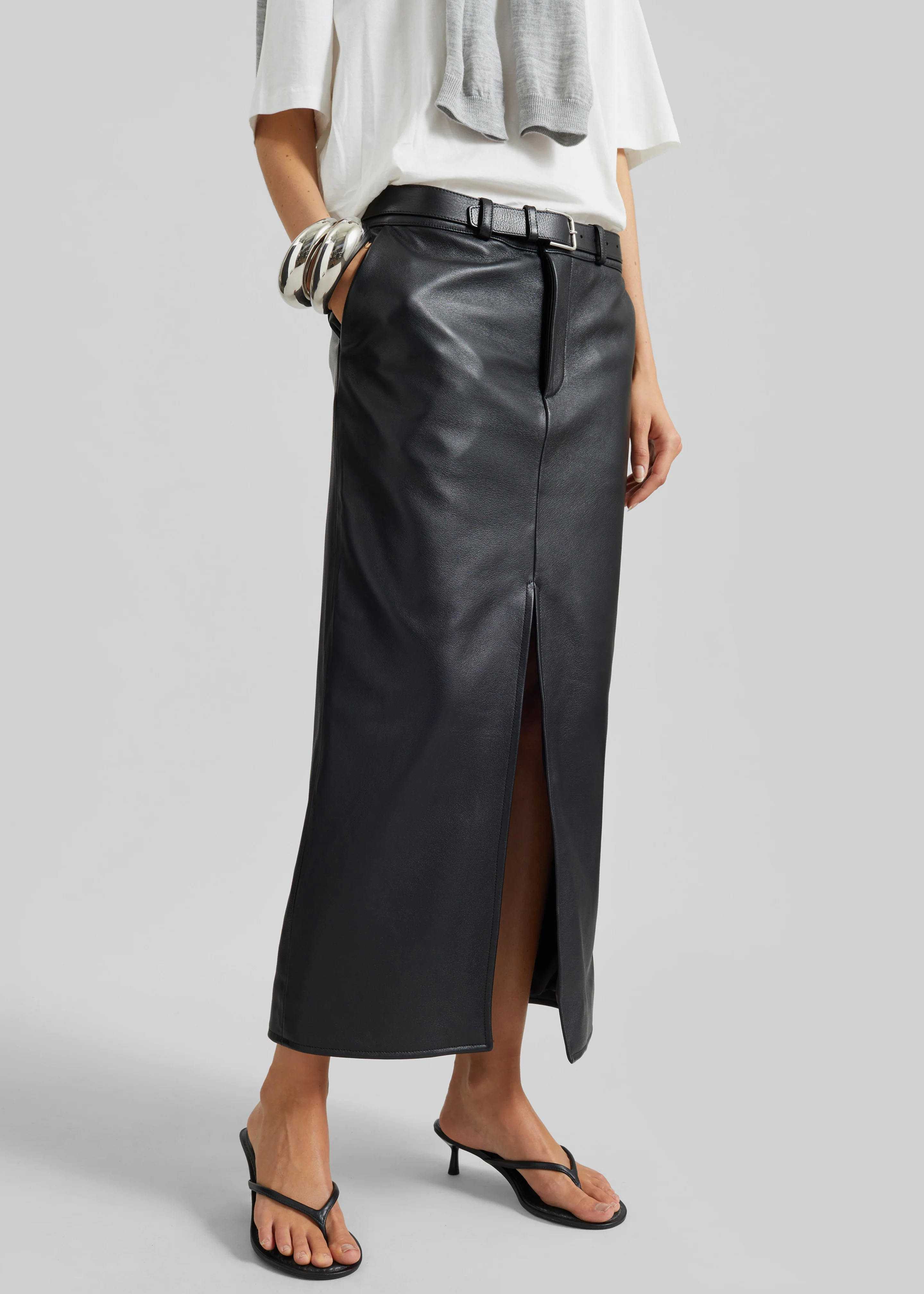 Maybelle Faux Leather Front Slit Pencil Skirt - Black - Image 2