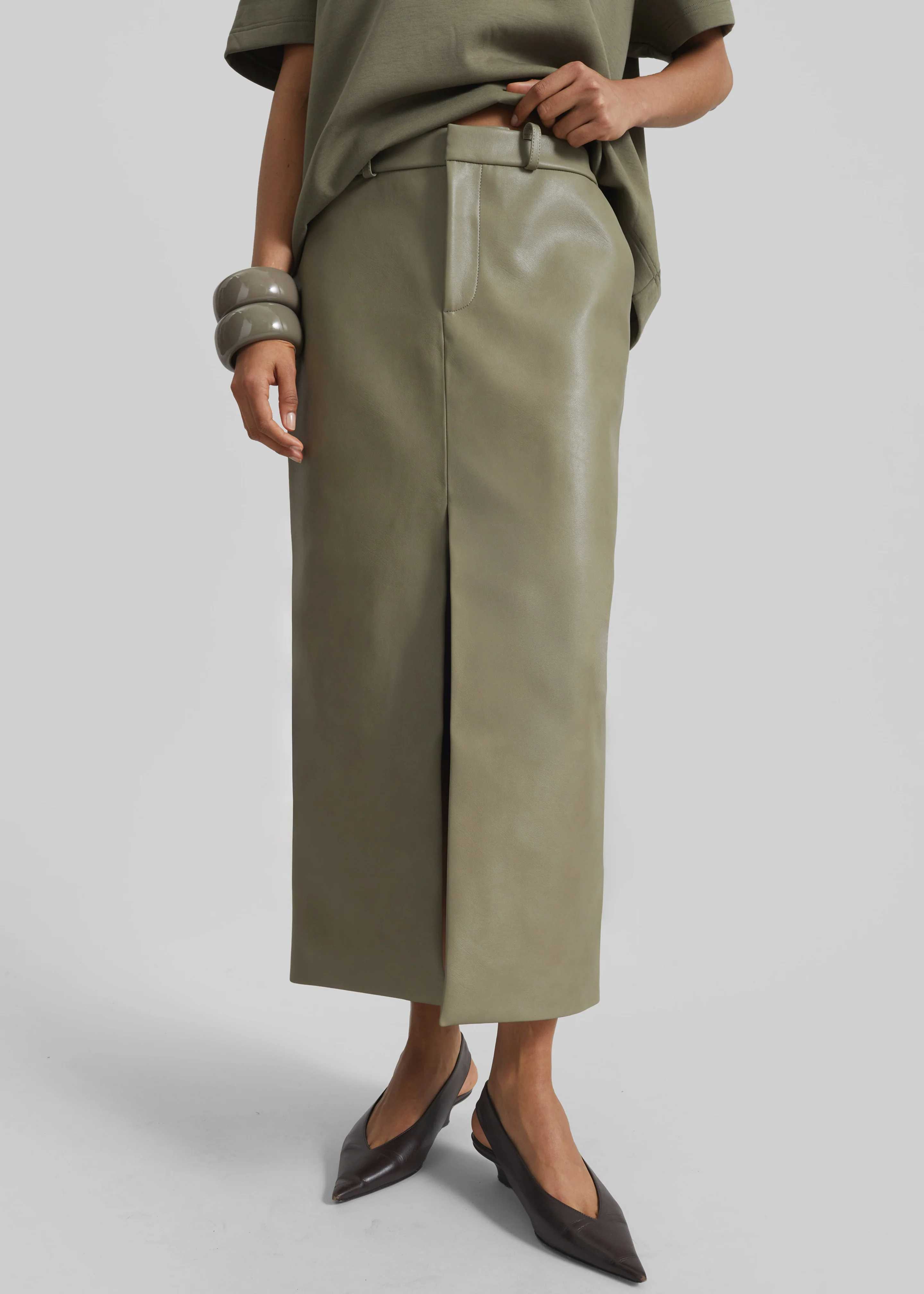 Maybelle Faux Leather Front Slit Pencil Skirt - Sage - Image 2