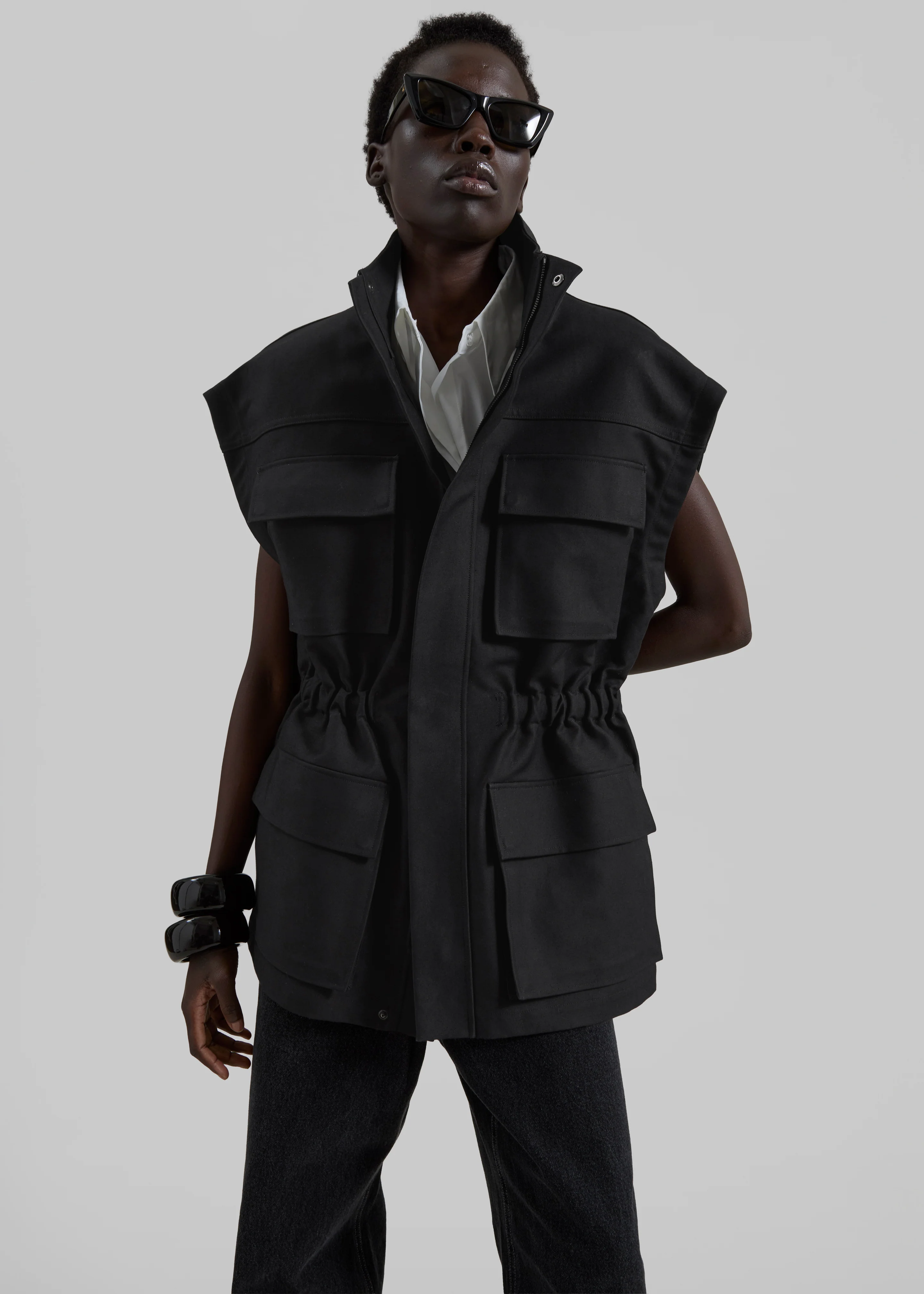 Melton Detachable Sleeve Cargo Jacket - Black