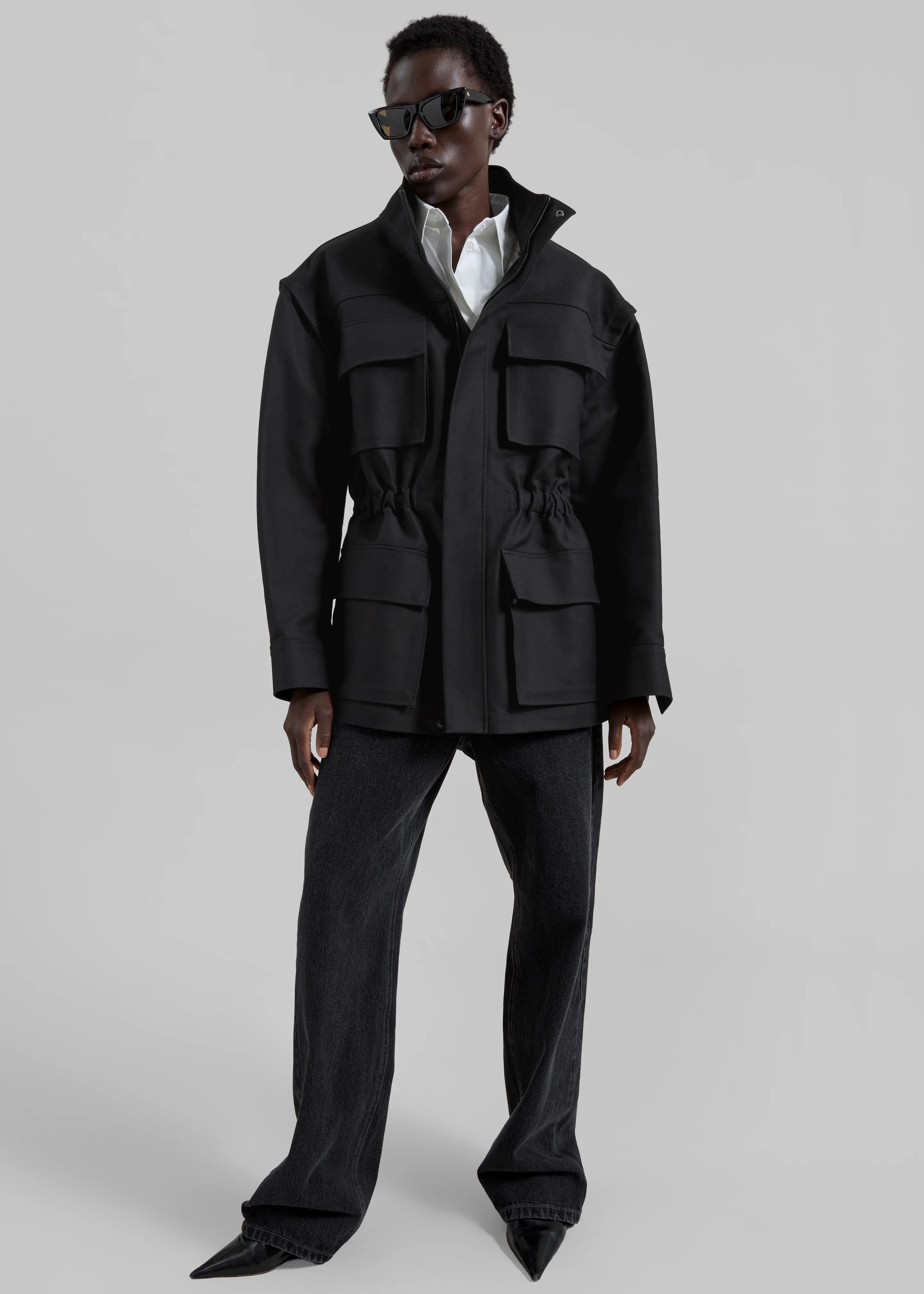 Melton Detachable Sleeve Cargo Jacket - Black - Image 4