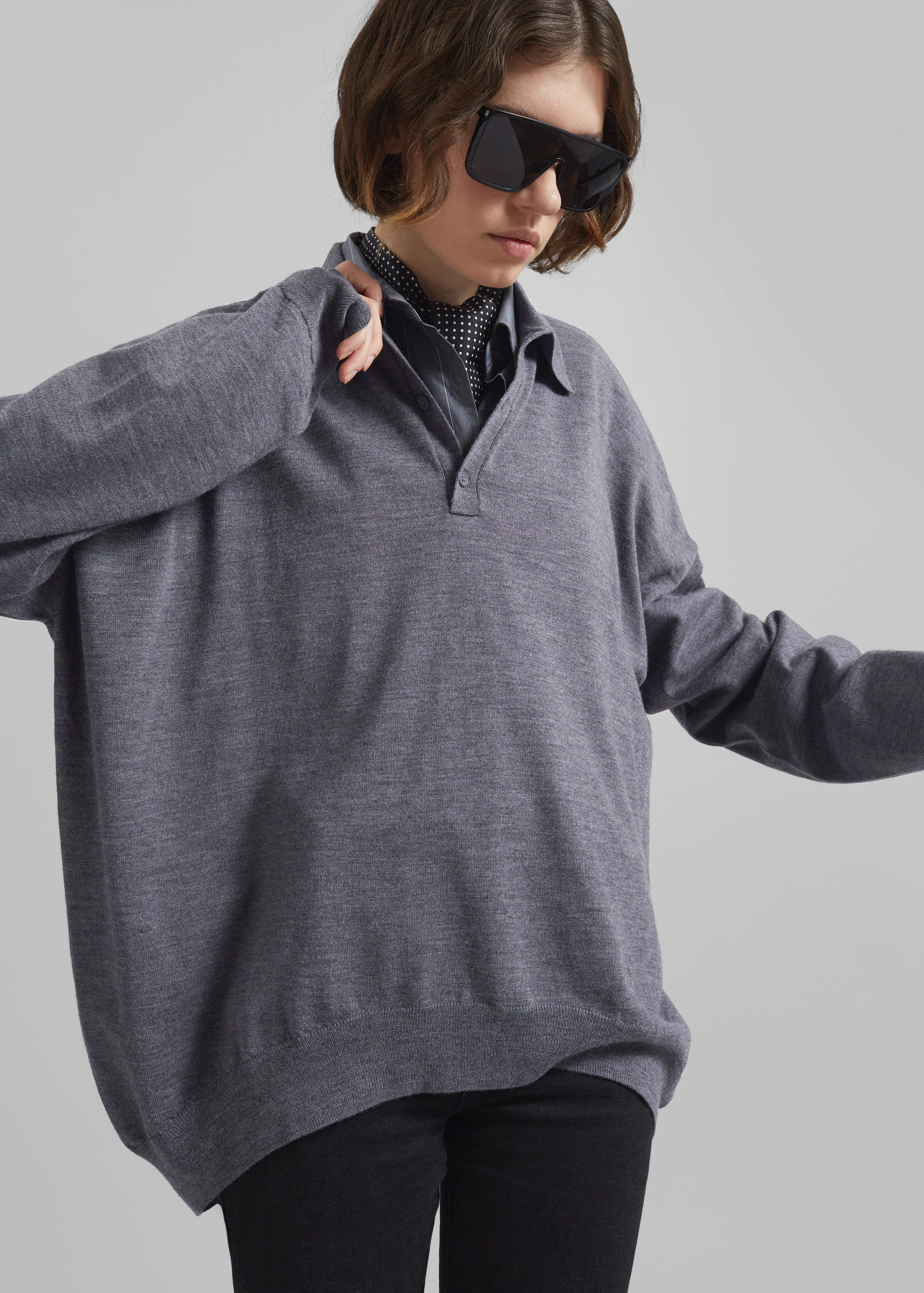 Meriel Wool Polo Sweater - Grey - Image 8
