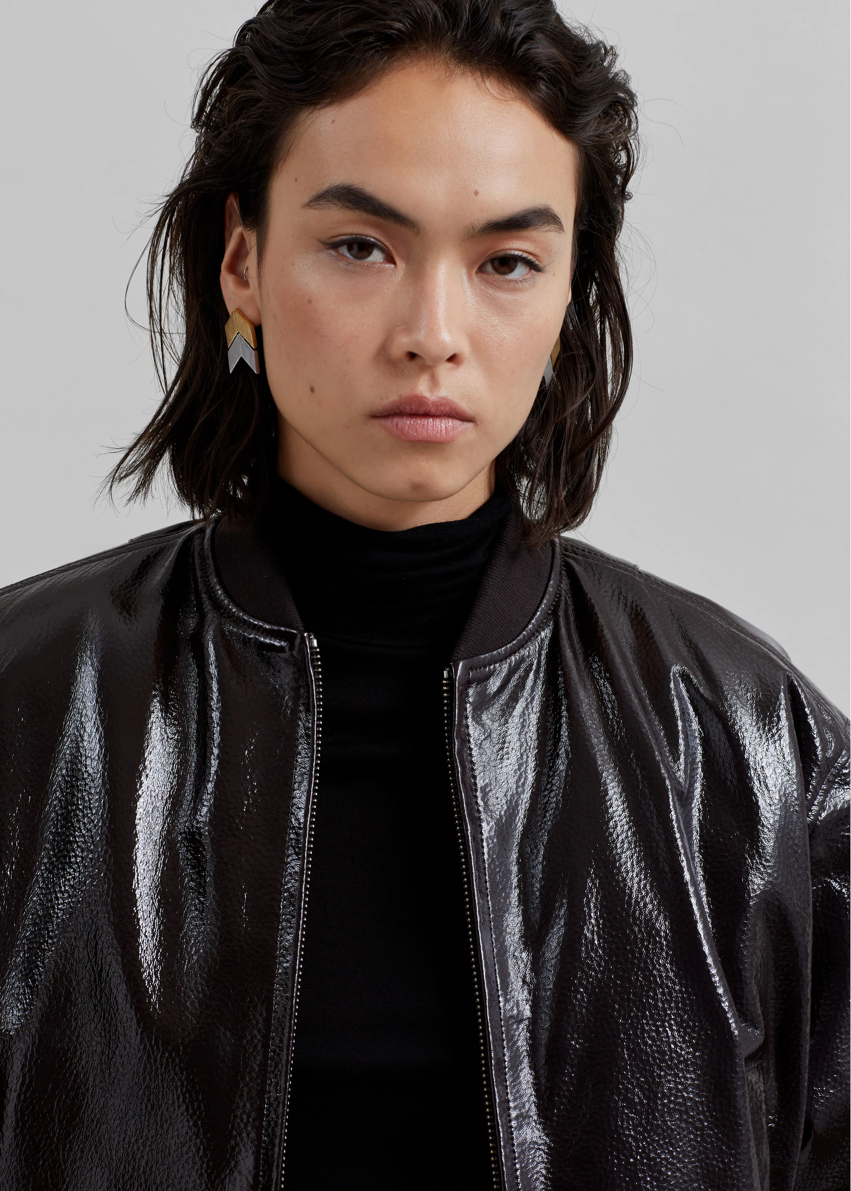 Micky Crackled Faux Leather Cropped Bomber - Dark Brown - Image 4