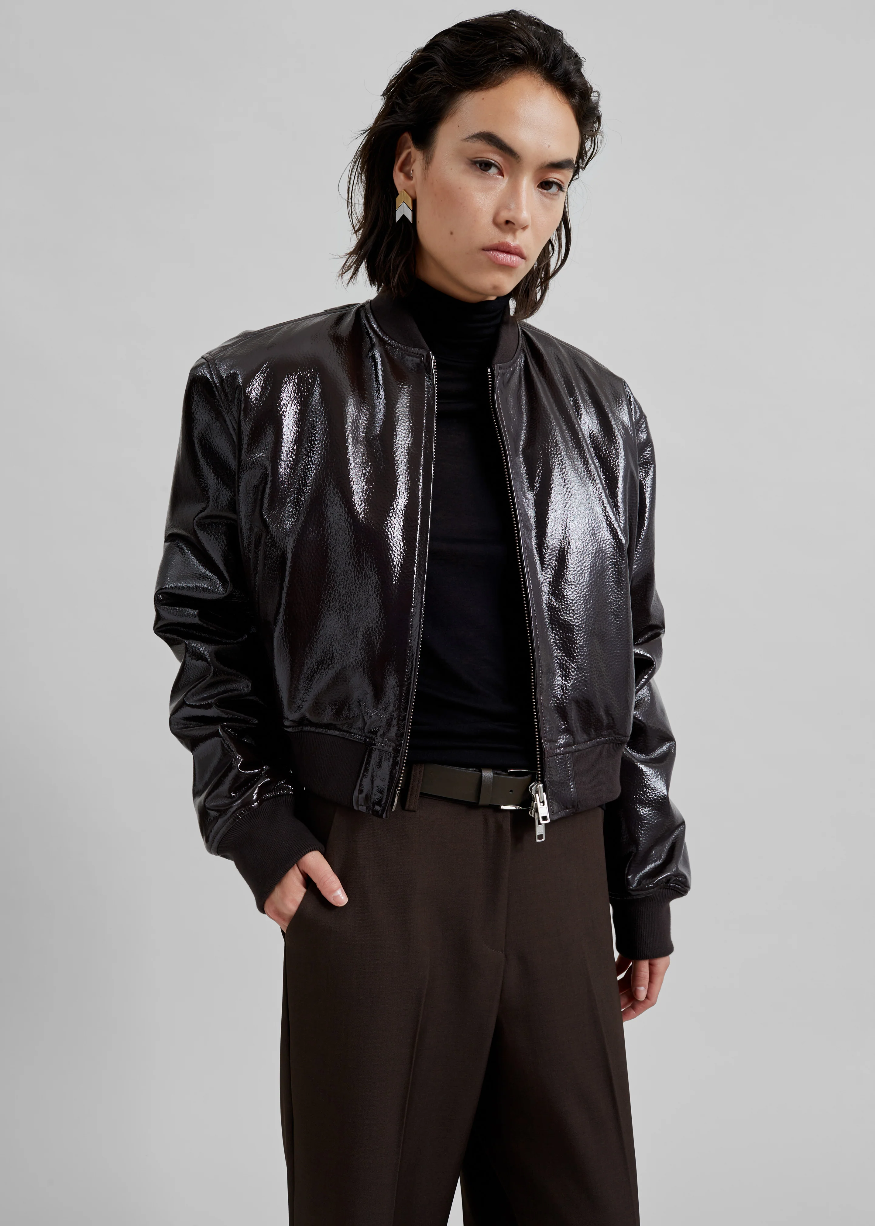 Micky Crackled Faux Leather Cropped Bomber - Dark Brown - Image 5