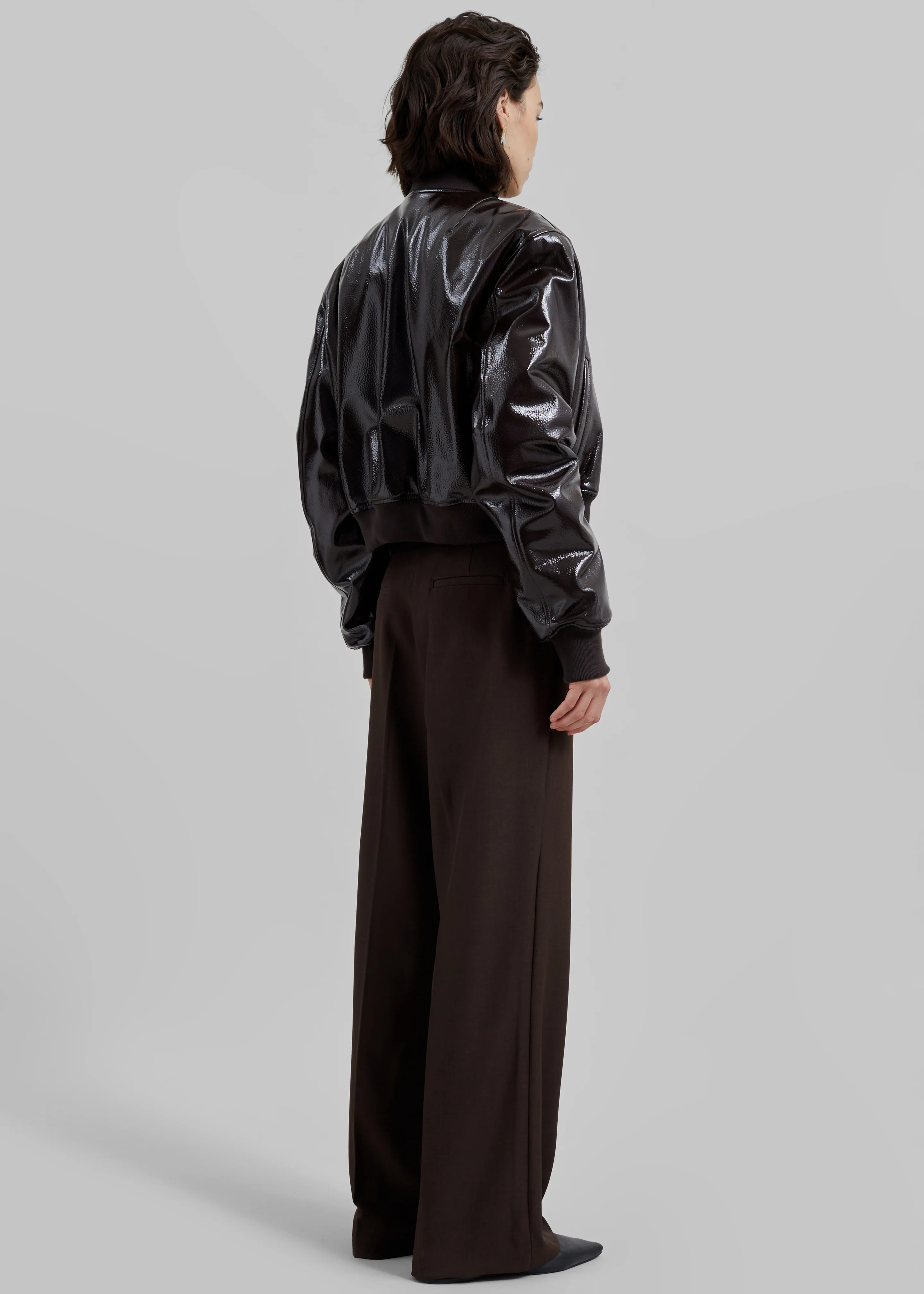 Micky Crackled Faux Leather Cropped Bomber - Dark Brown - Image 6