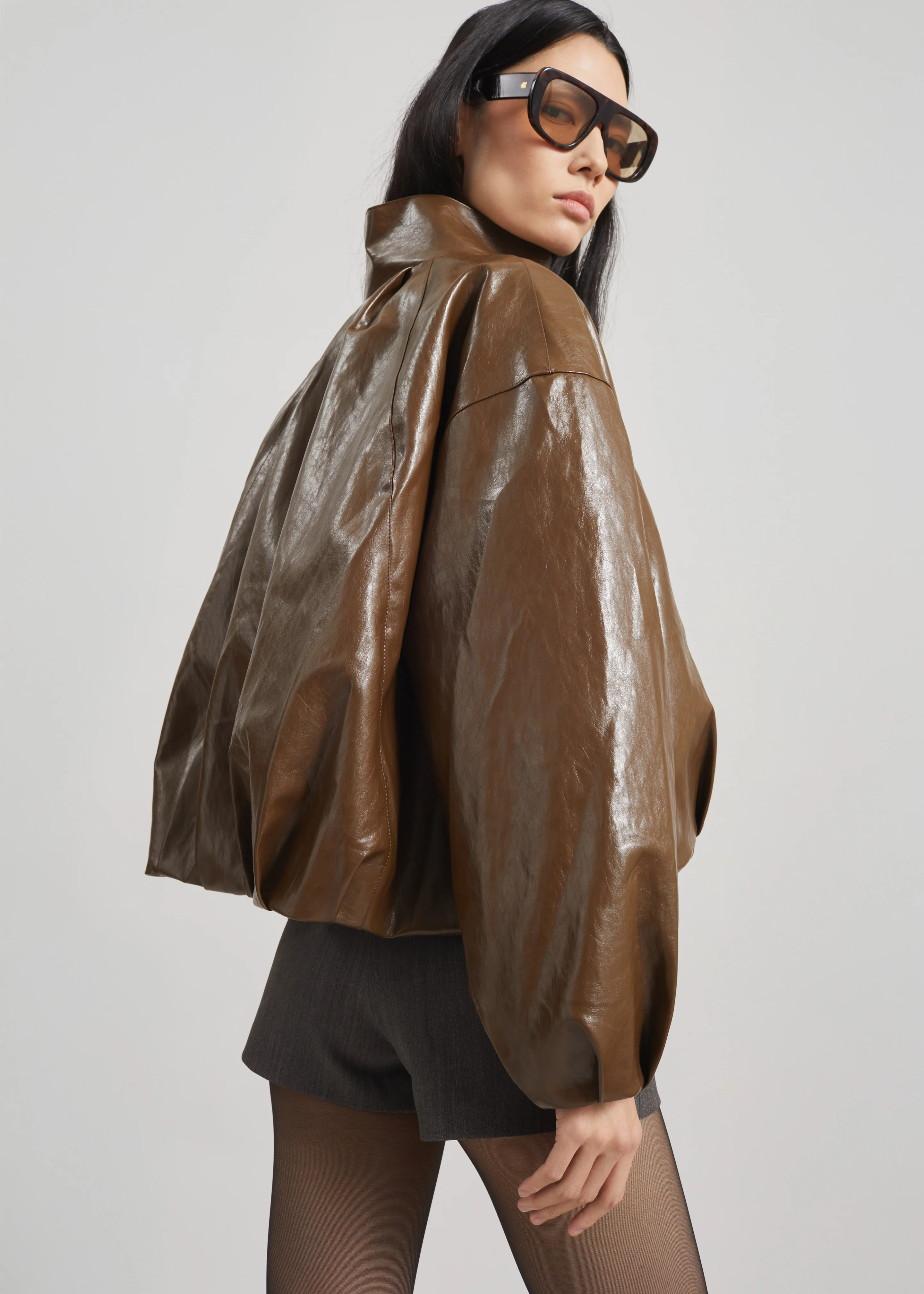 Milford Faux Leather Balloon Jacket - Brown - Image 5