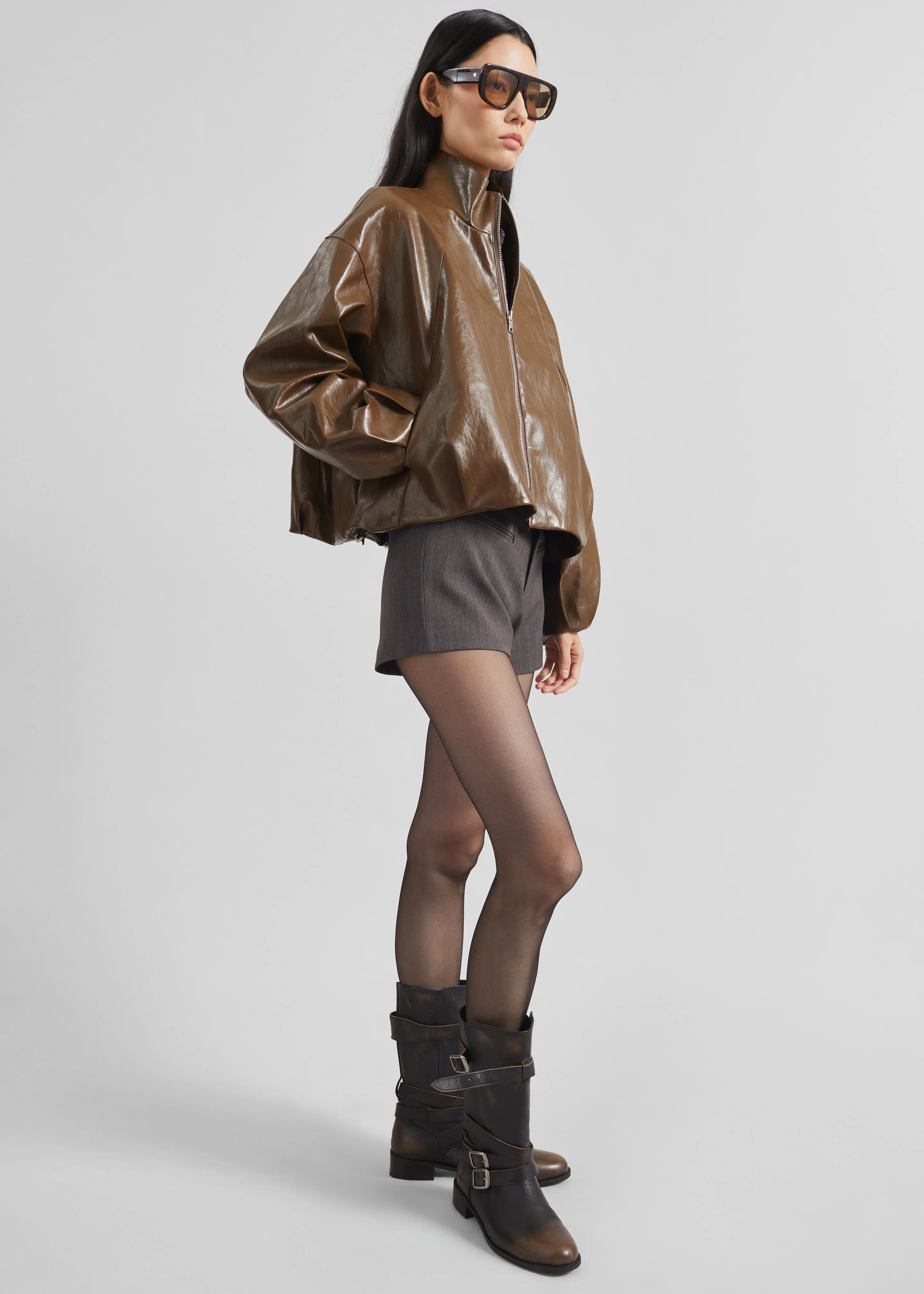 Milford Faux Leather Balloon Jacket - Brown - Image 6