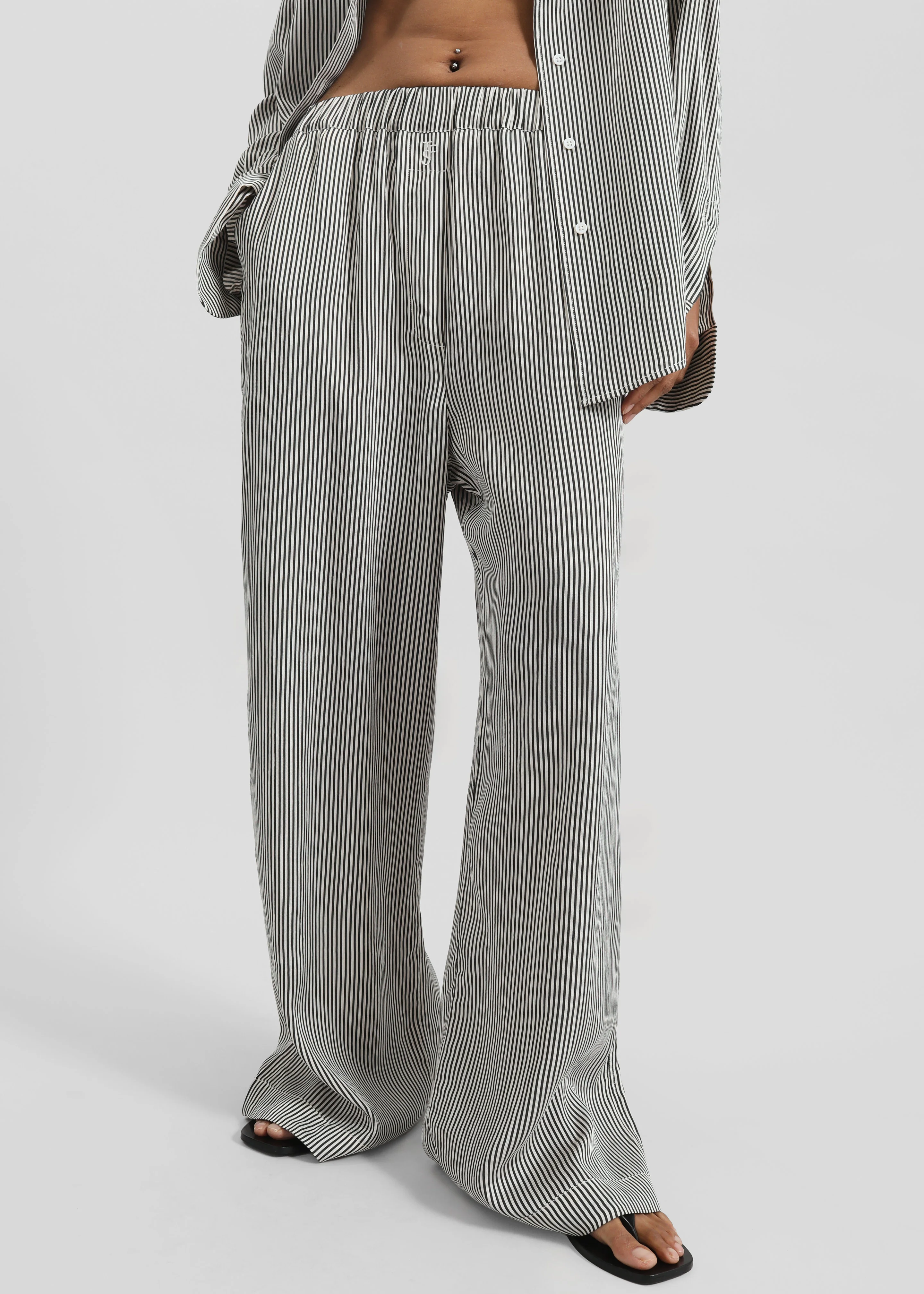 Mirca Striped Silk Elastic Pants - Black/White Stripe - Image 2