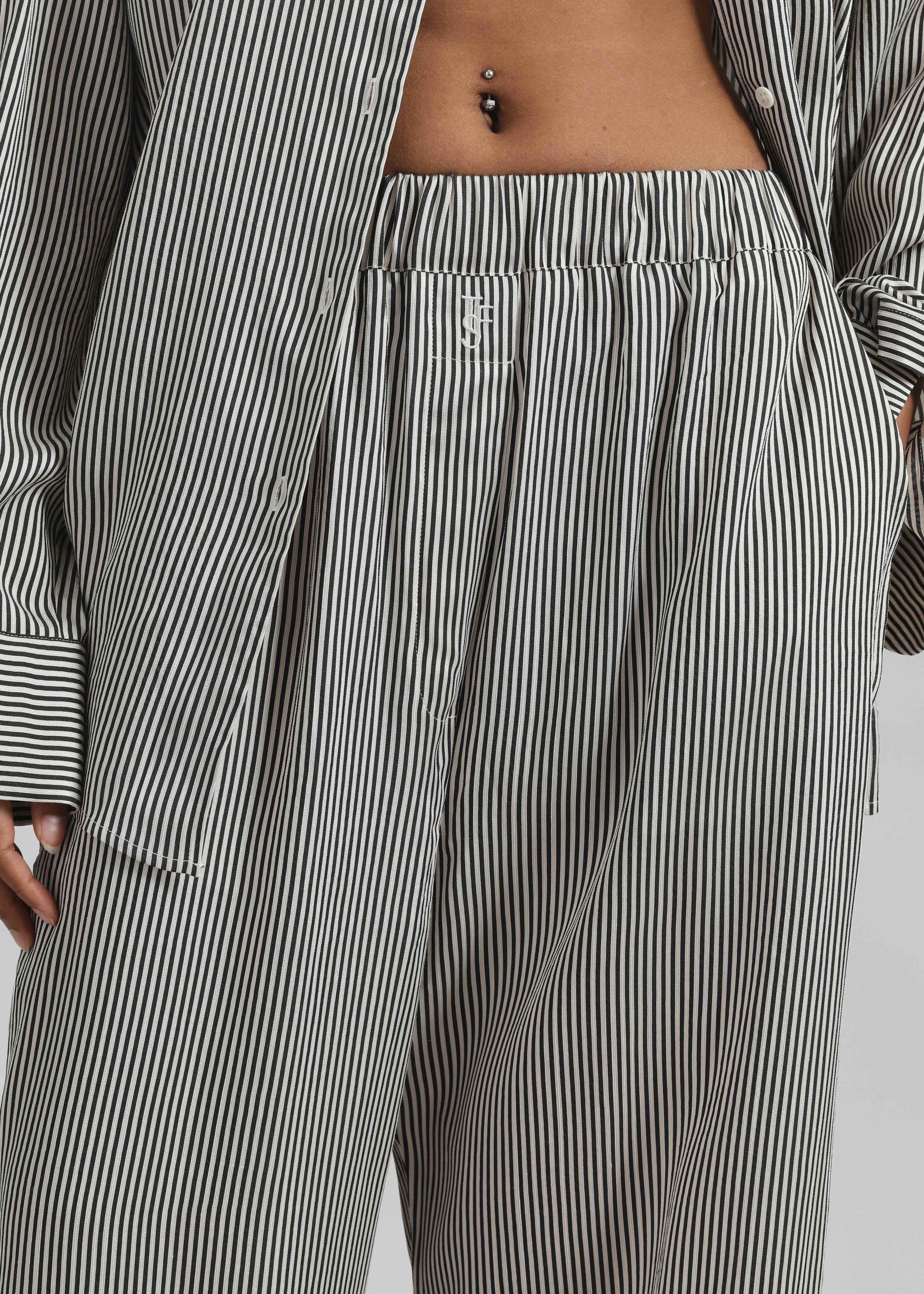 Mirca Striped Silk Elastic Pants - Black/White Stripe - Image 3