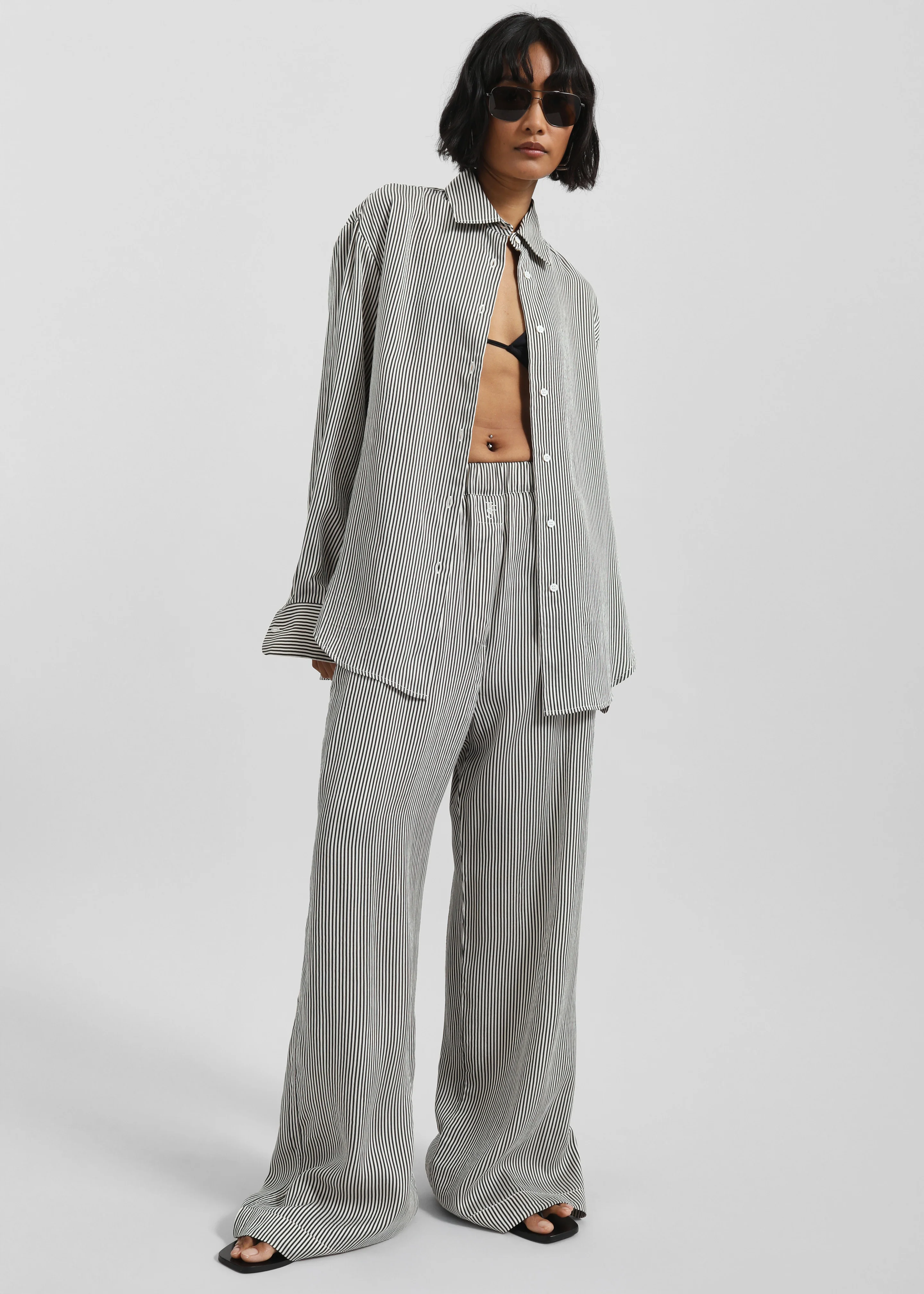 Mirca Striped Silk Elastic Pants - Black/White Stripe - Image 5