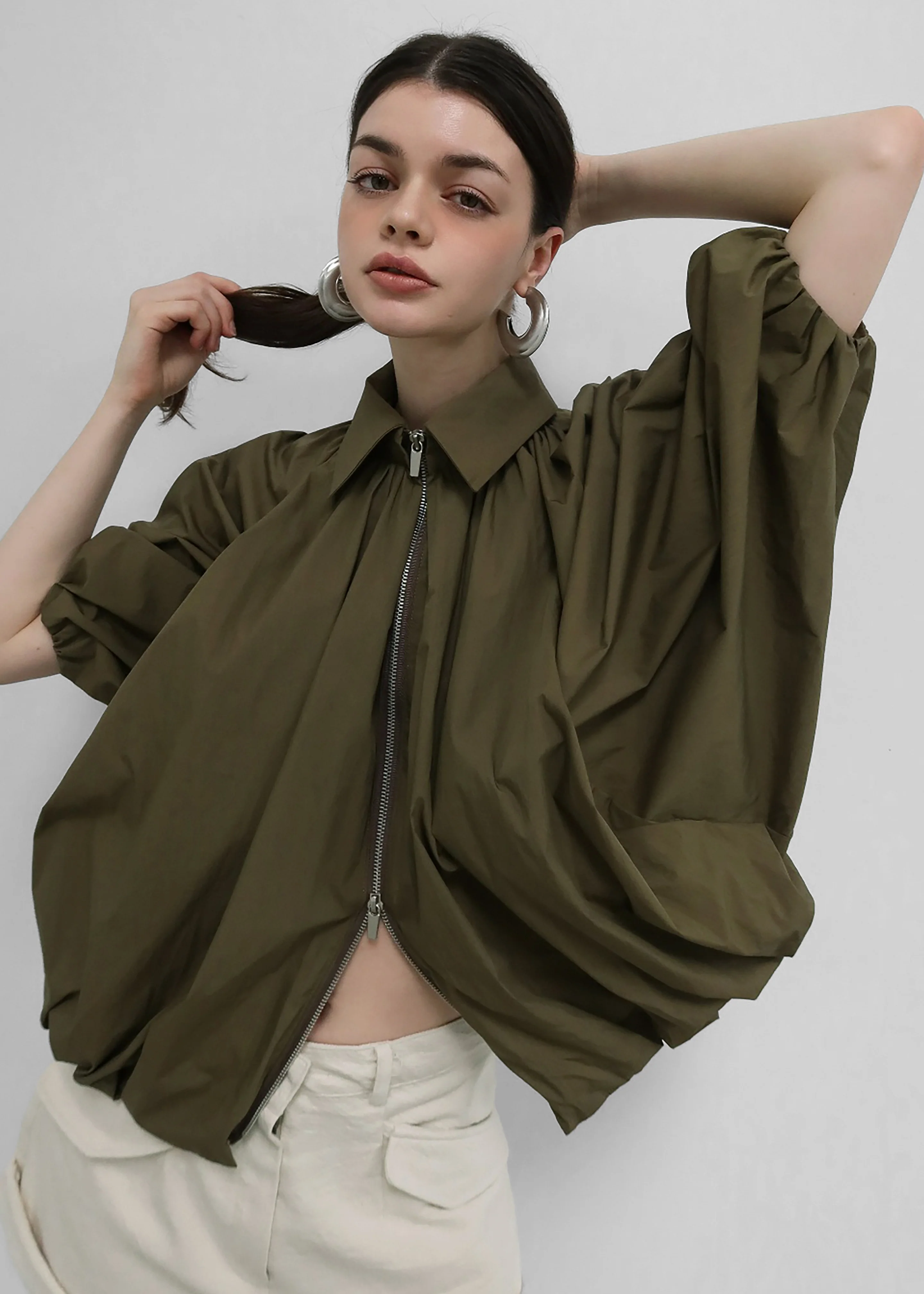 Murray Batwing Sleeve Balloon Jacket - Olive Brown - Image 3