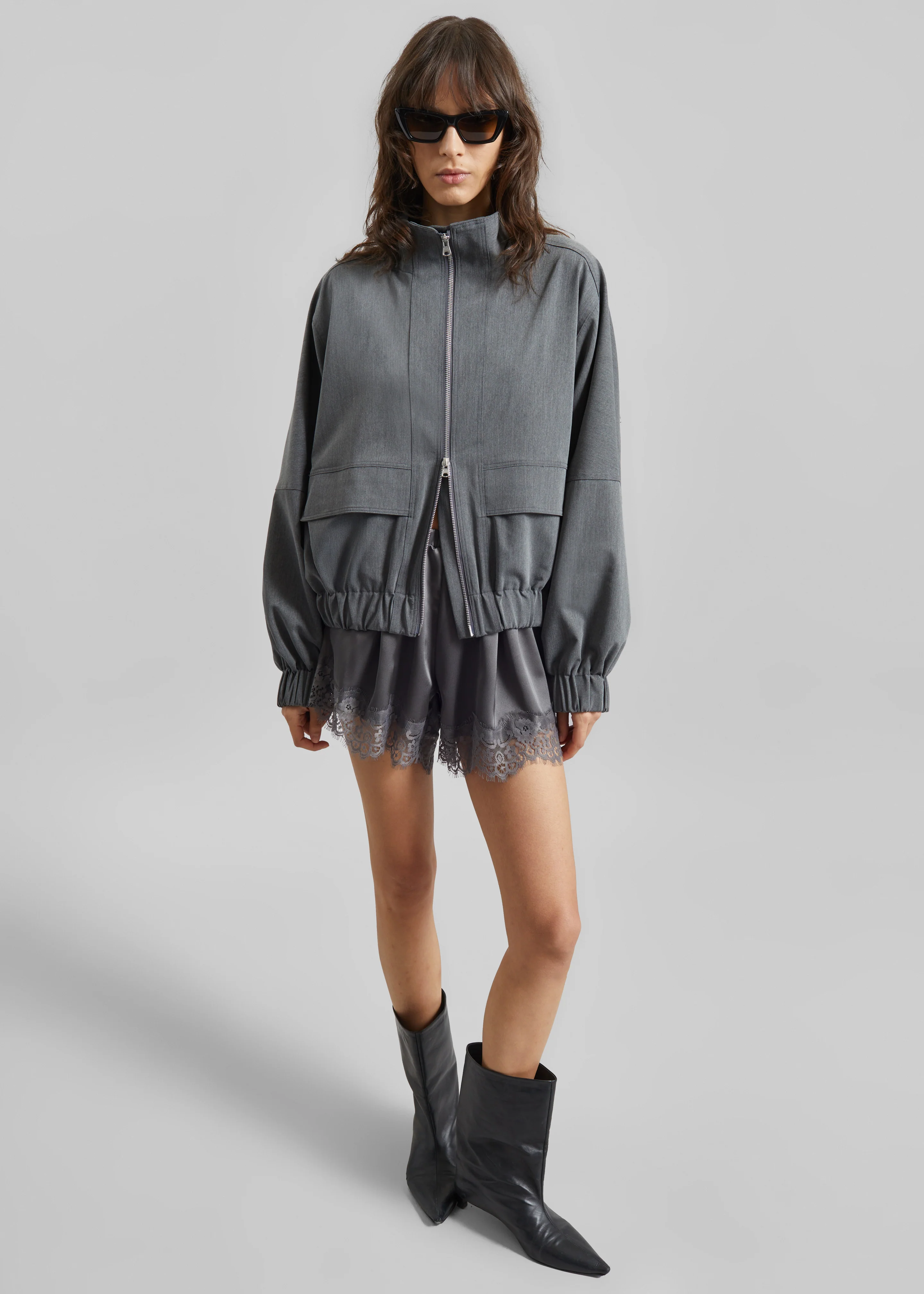 Mylah Satin Lace Trim Shorts - Slate Grey - Image 3