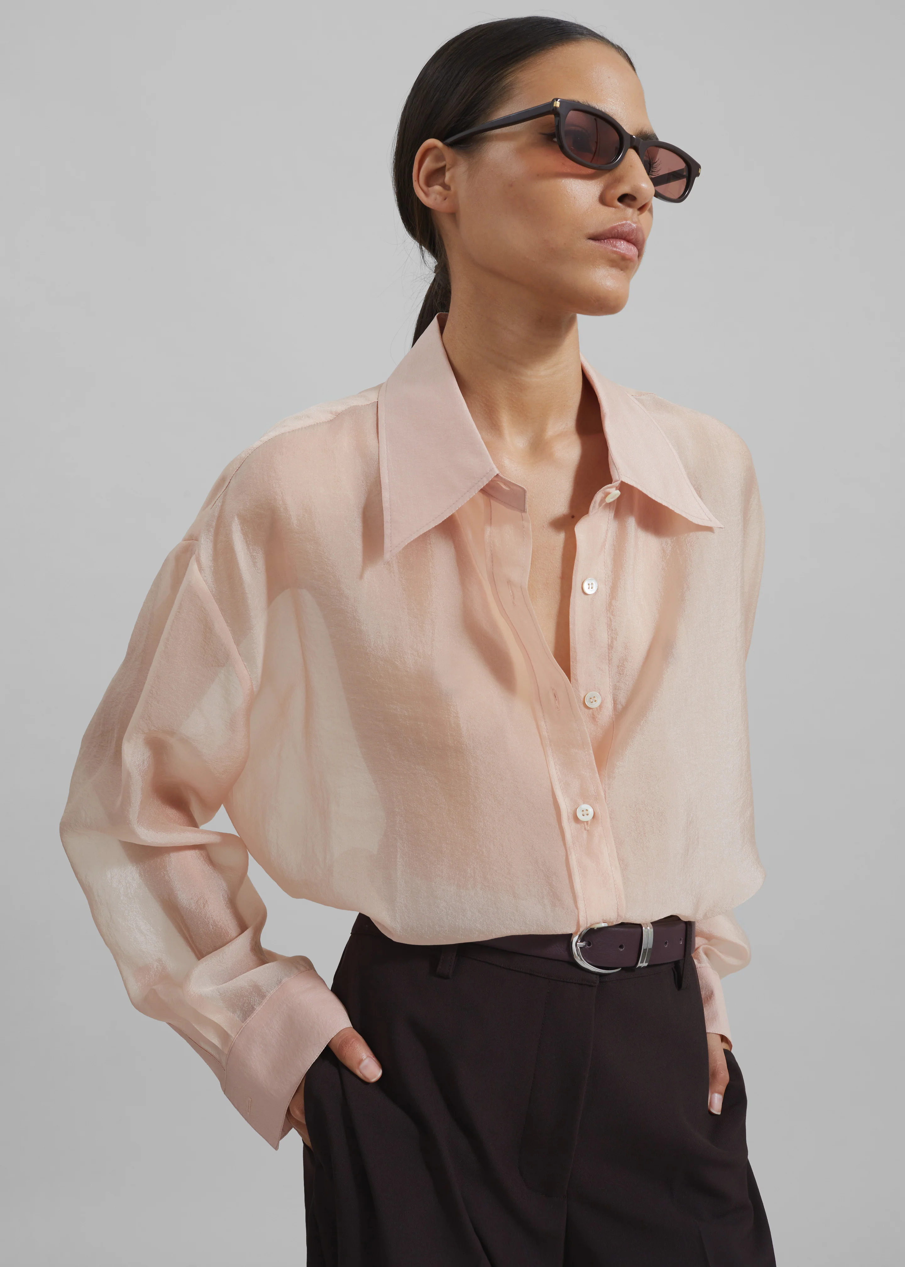 Nel Sheer Button Up Shirt - Pink - Image 7