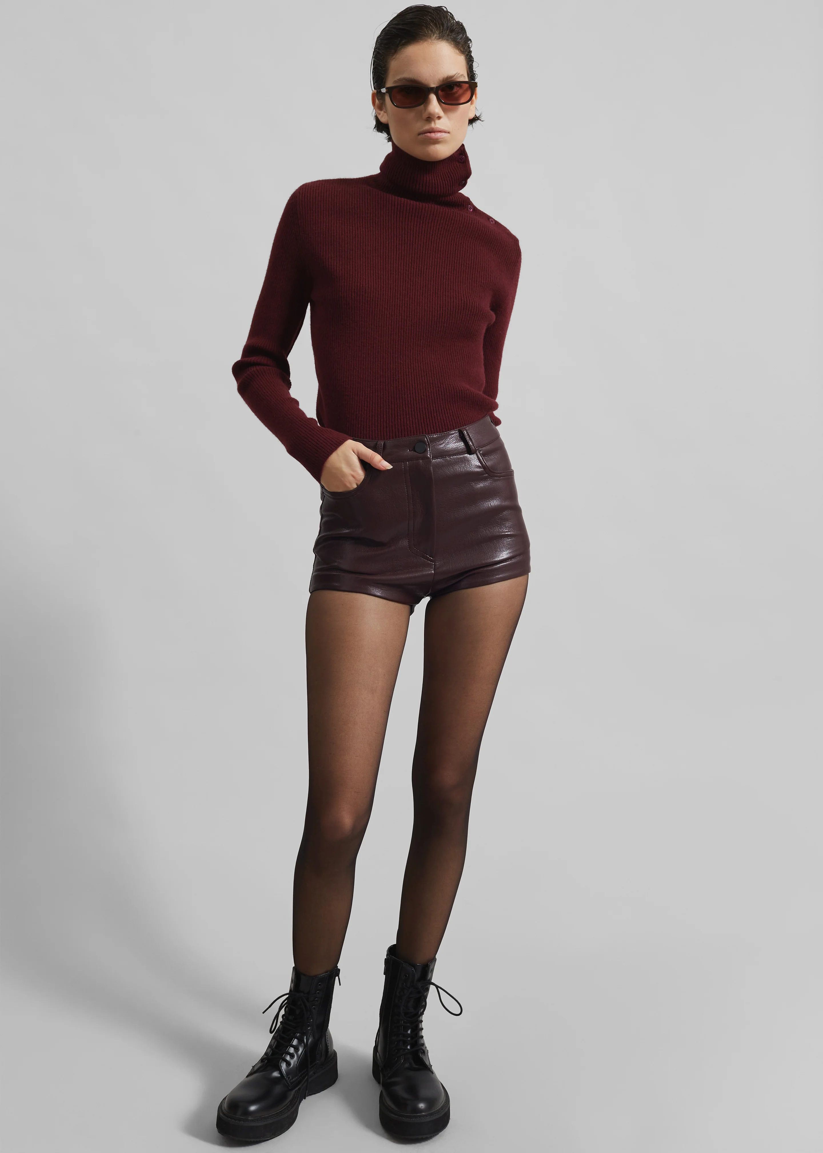 Nevis Faux Leather Hot Pants - Burgundy - Image 6