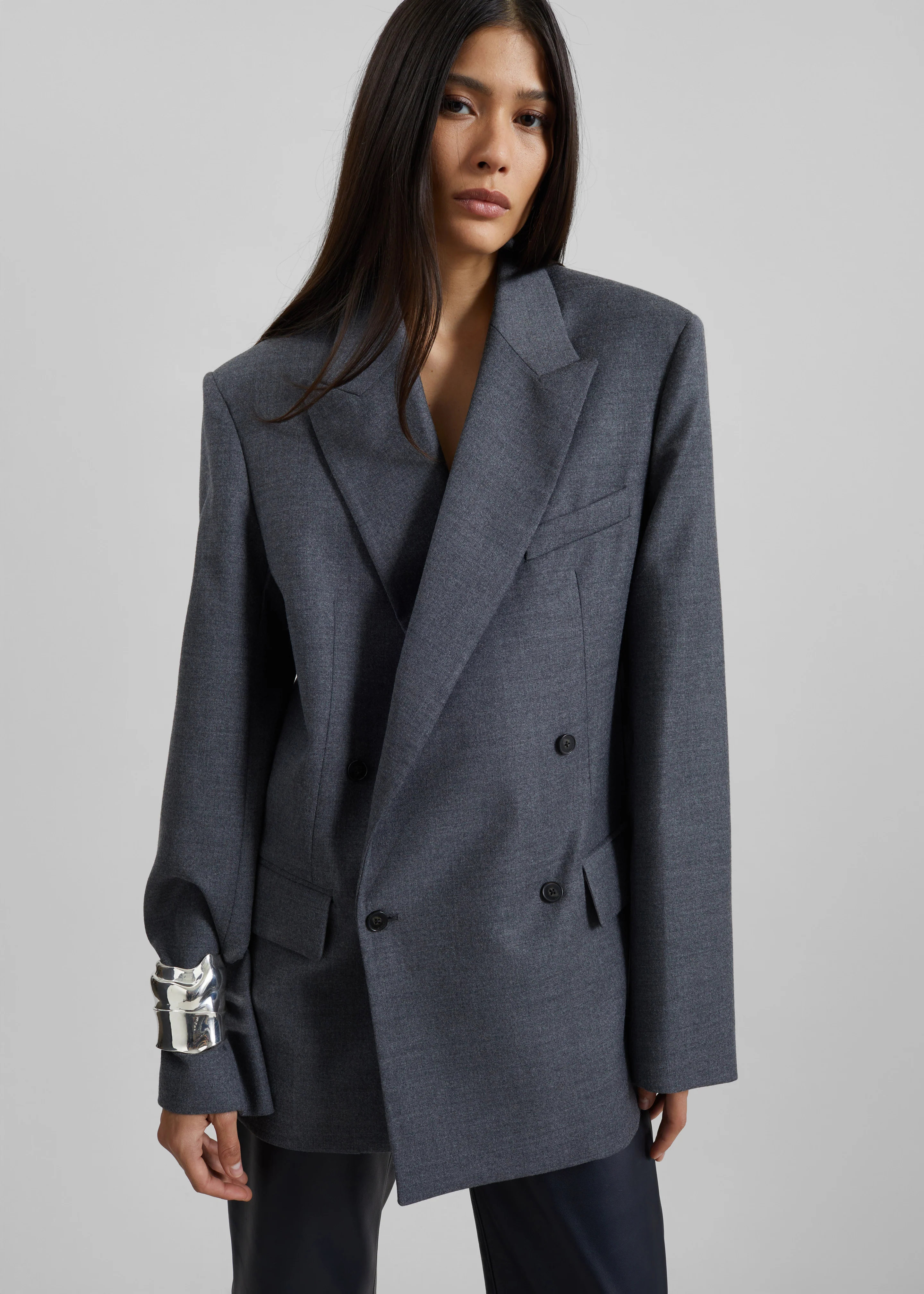 Newark Flannel Double Breasted Blazer - Grey Melange - Image 4