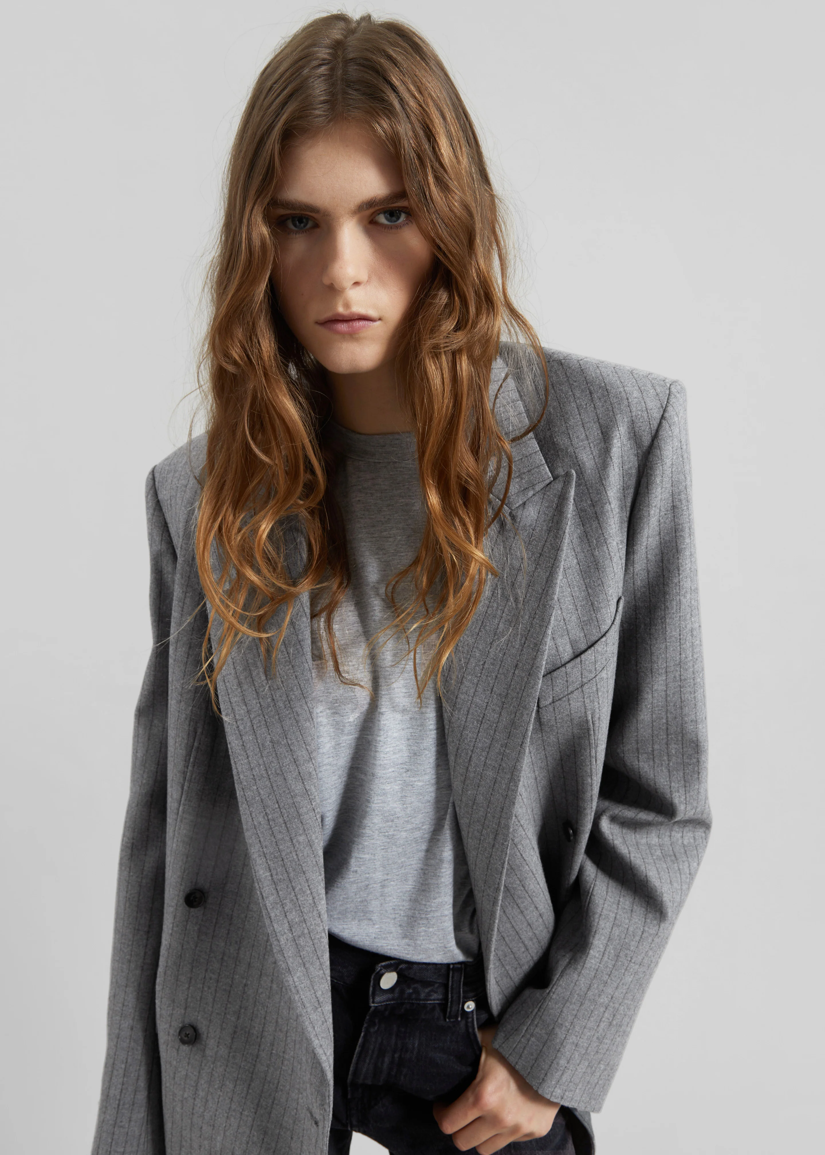 Newark Pinstripe Double Breasted Blazer - Grey/Brown - Image 3