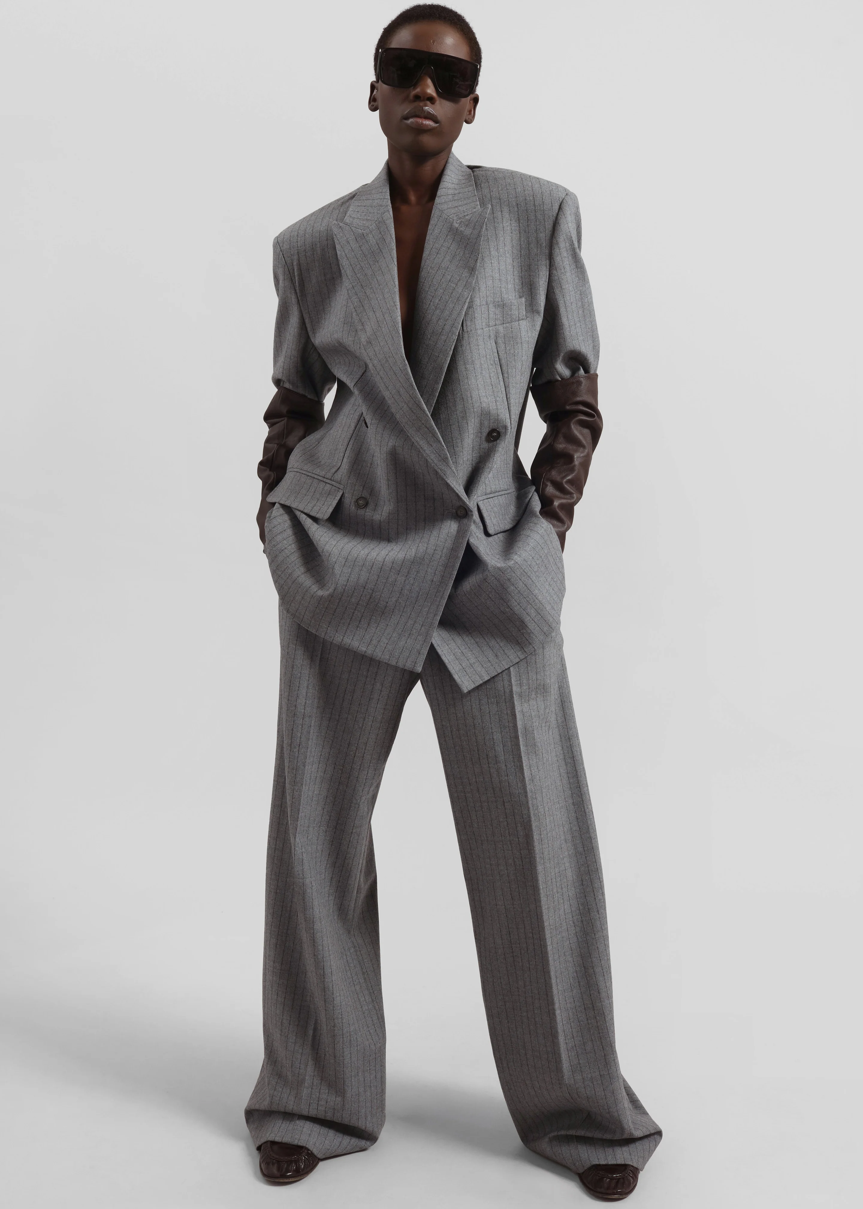 Newark Pinstripe Double Breasted Blazer - Grey/Brown - Image 6