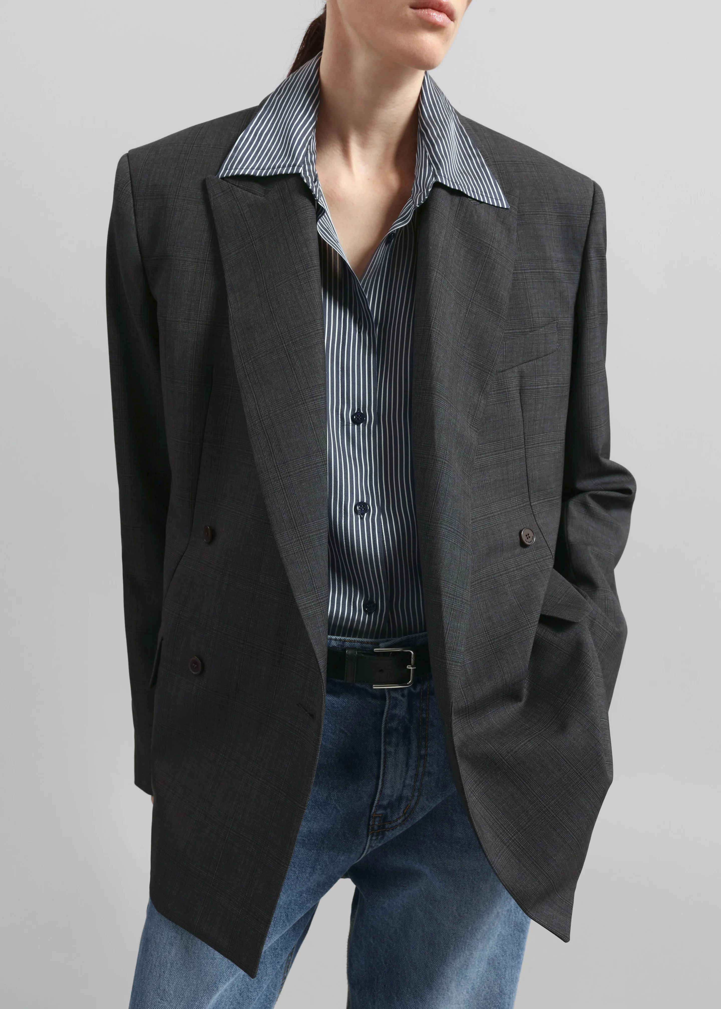 Newark Plaid Double Breasted Blazer - Dark Grey - Image 3