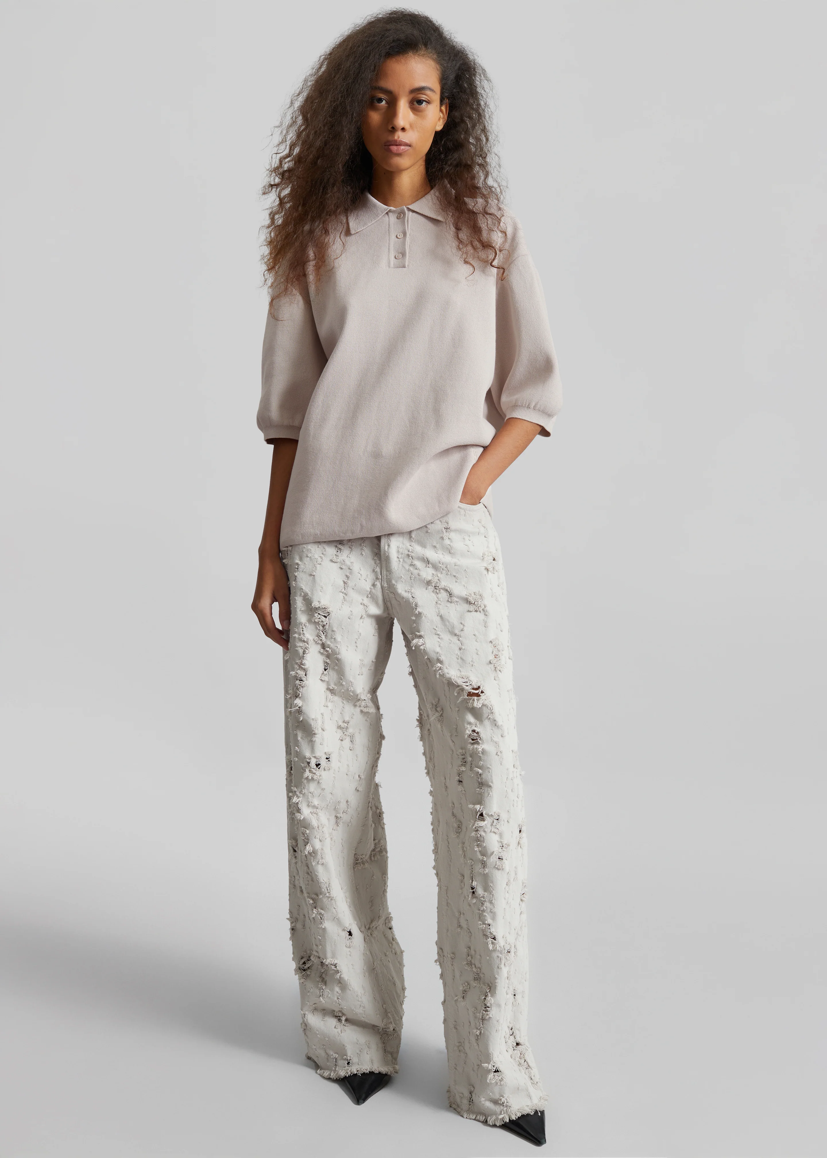 Nola Knit Polo Top - Slate Grey - Image 4