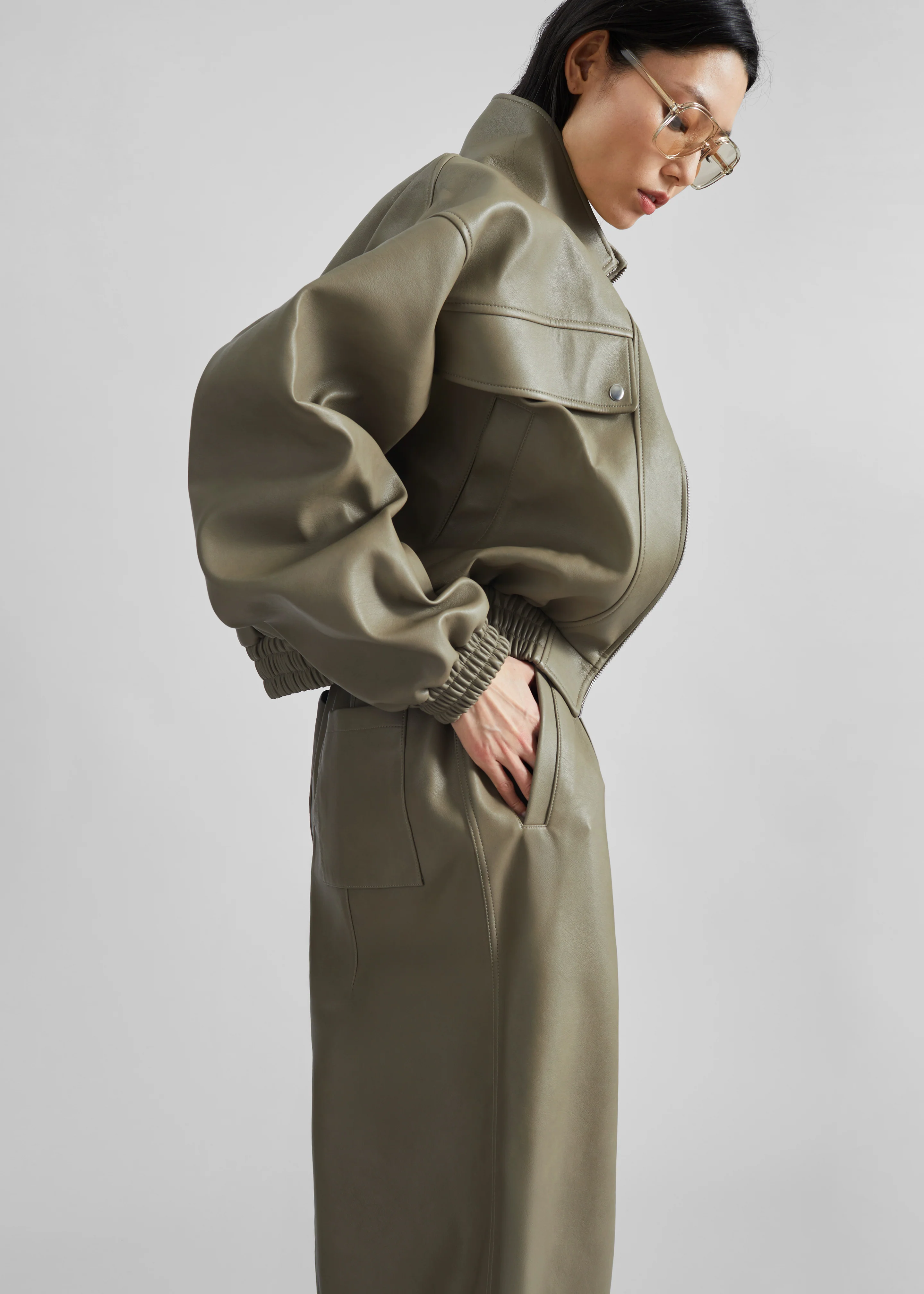 Nolita Faux Leather Bomber Jacket - Sage - Image 6