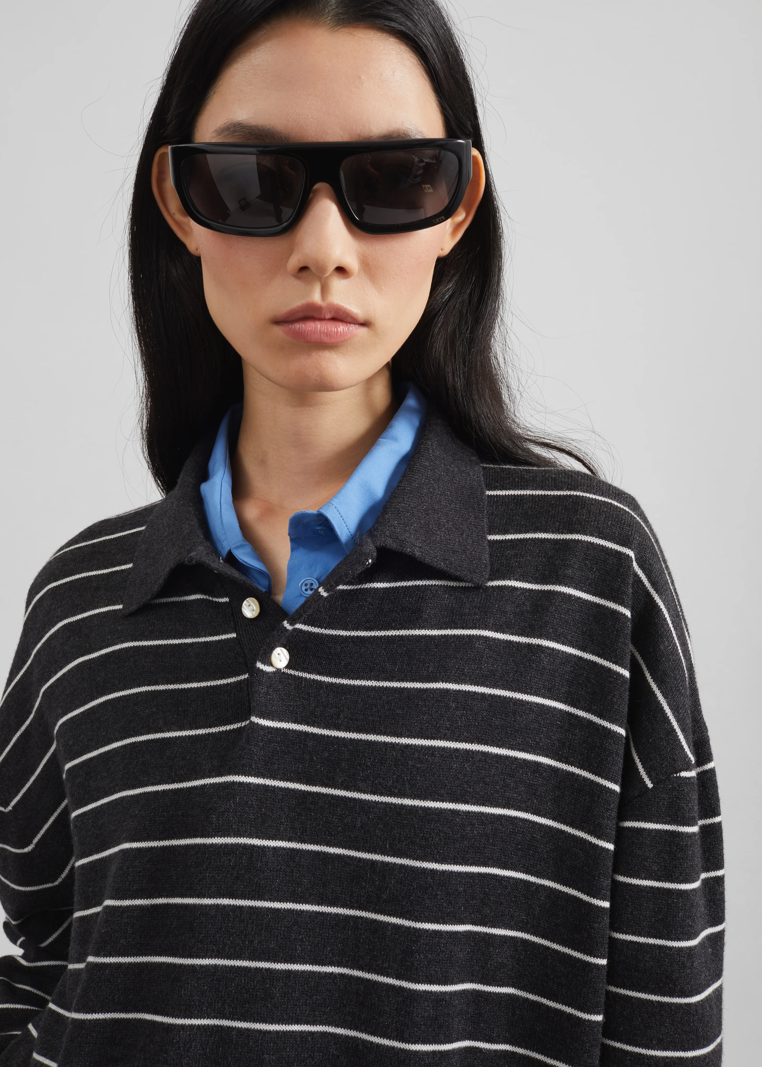Nolma Knit Polo Sweater - Grey/White Stripe - Image 3