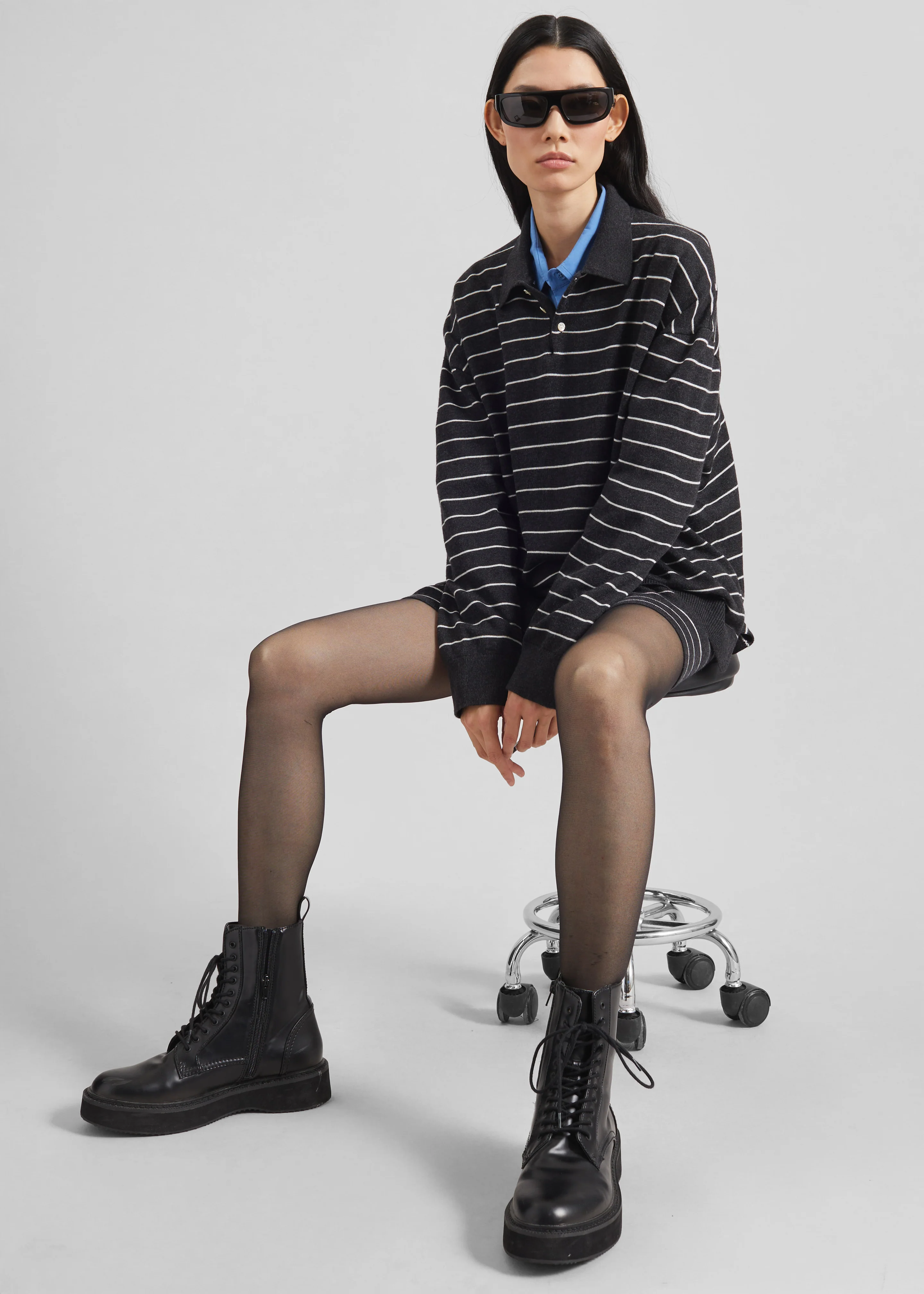 Nolma Knit Polo Sweater - Grey/White Stripe - Image 5