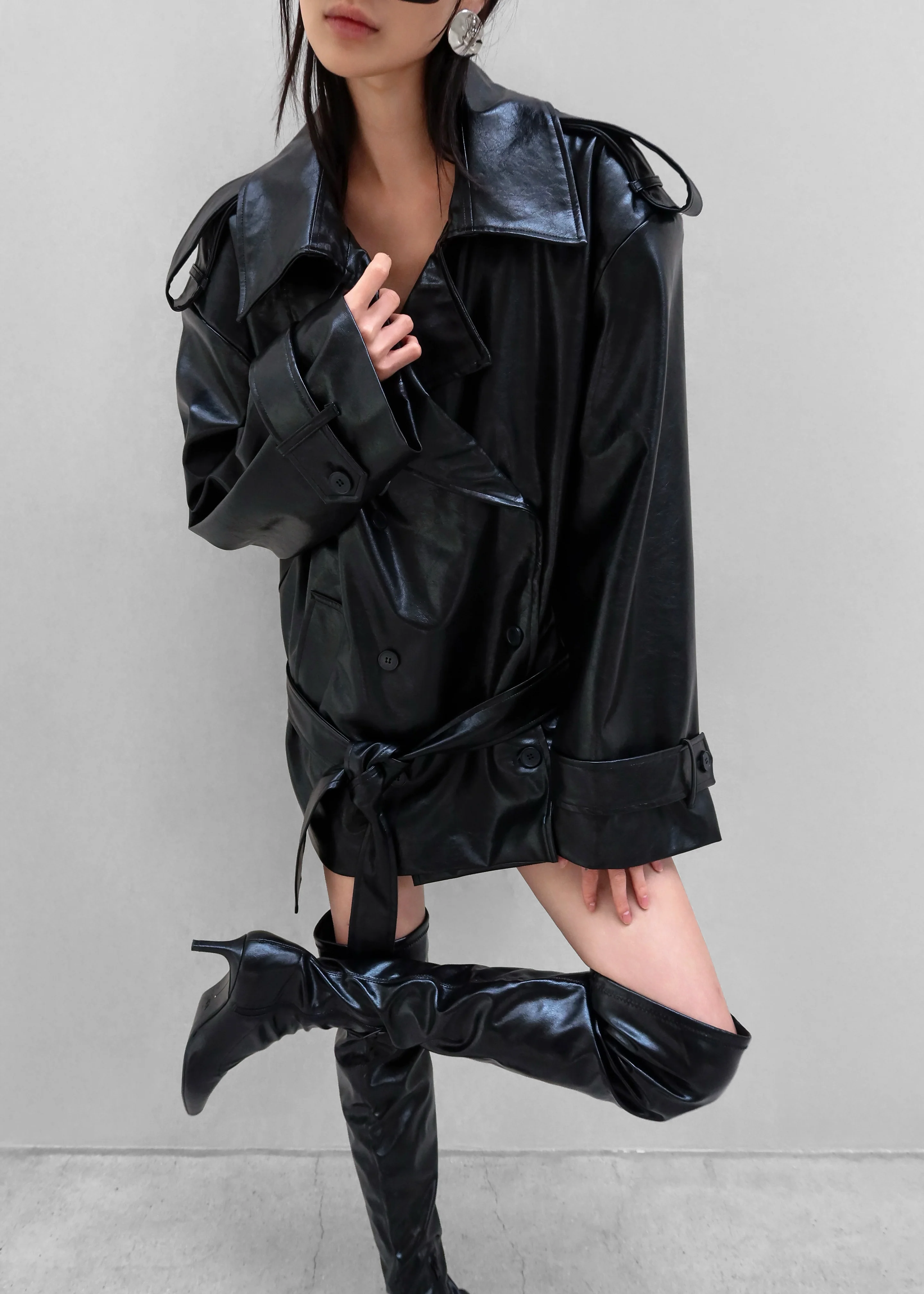 Nordana Faux Leather Short Trench - Black - Image 7