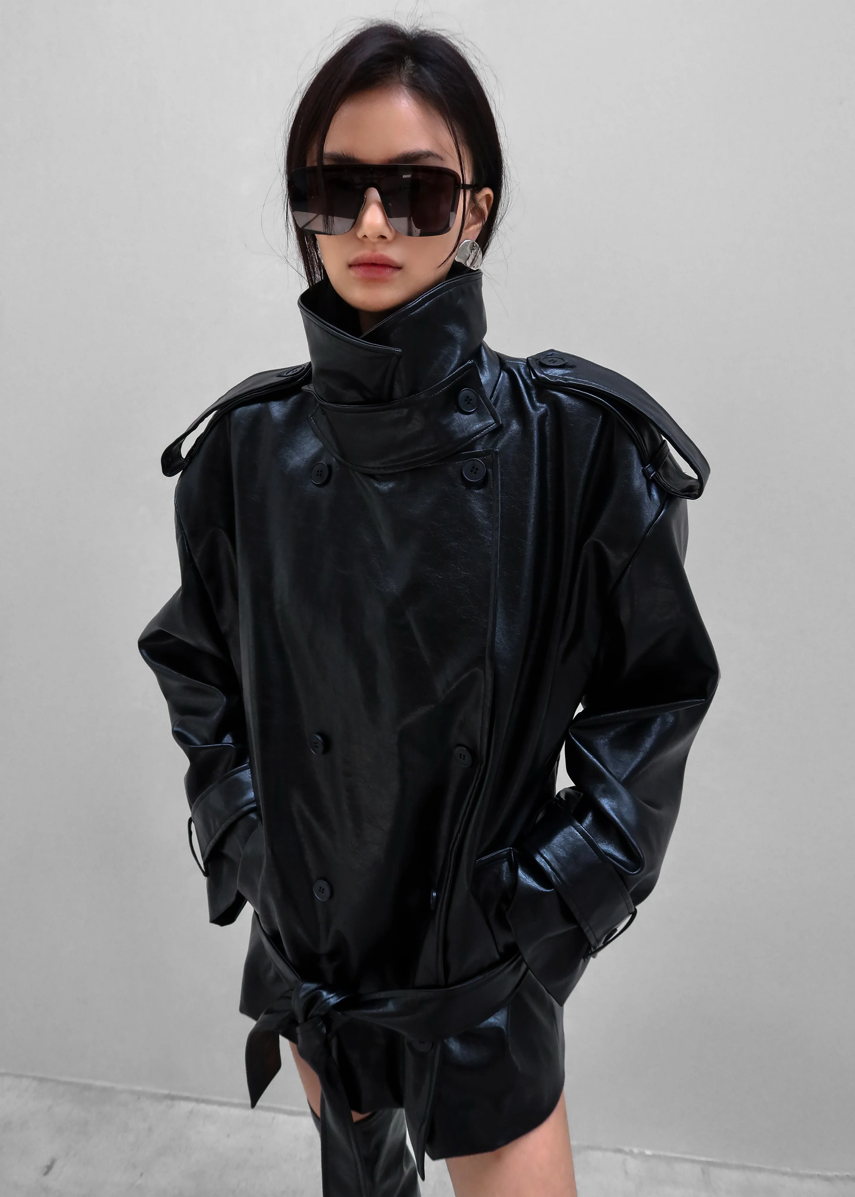 Nordana Faux Leather Short Trench - Black - Image 9