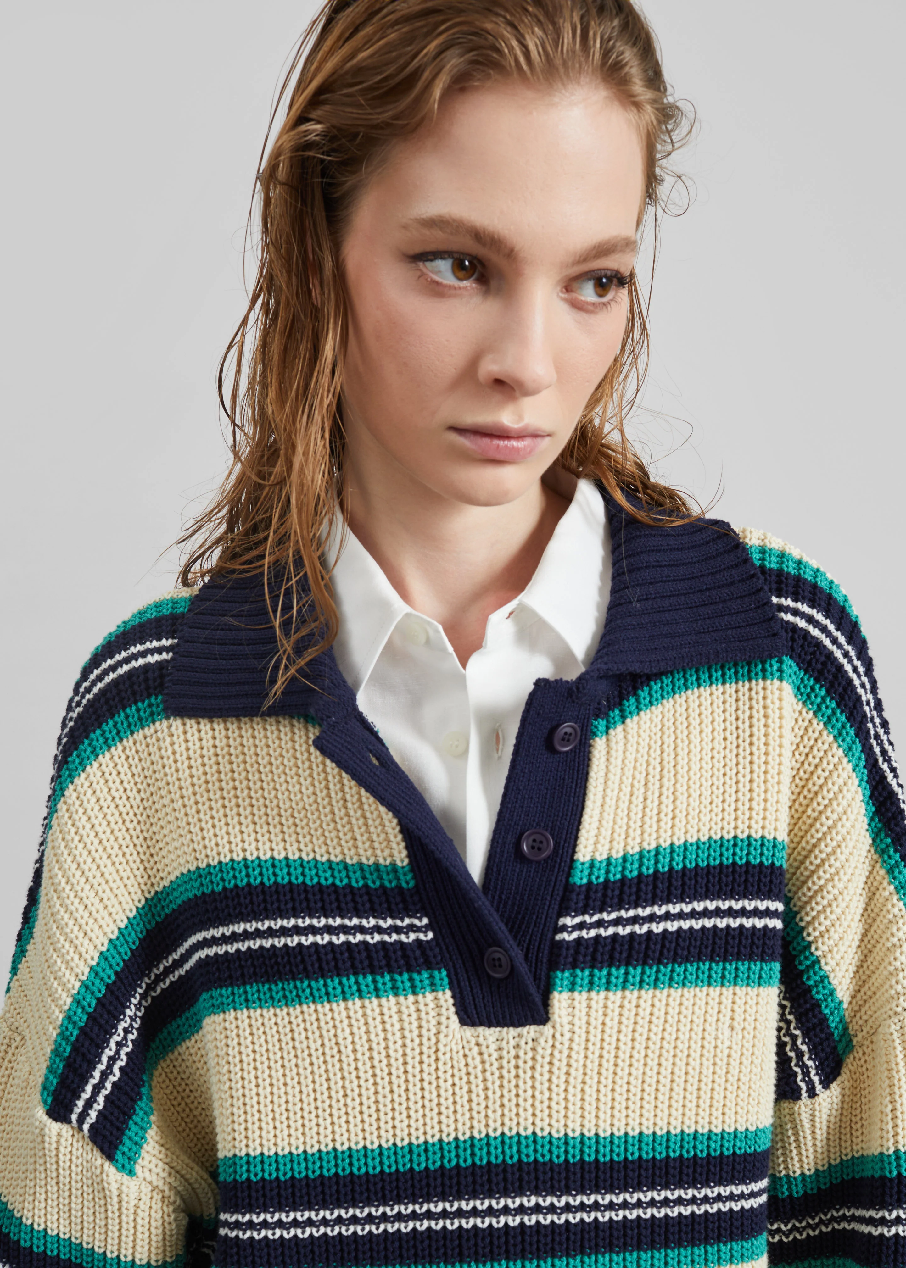 Nordby Knit Polo Sweater - Cream/Navy Stripe - Image 2