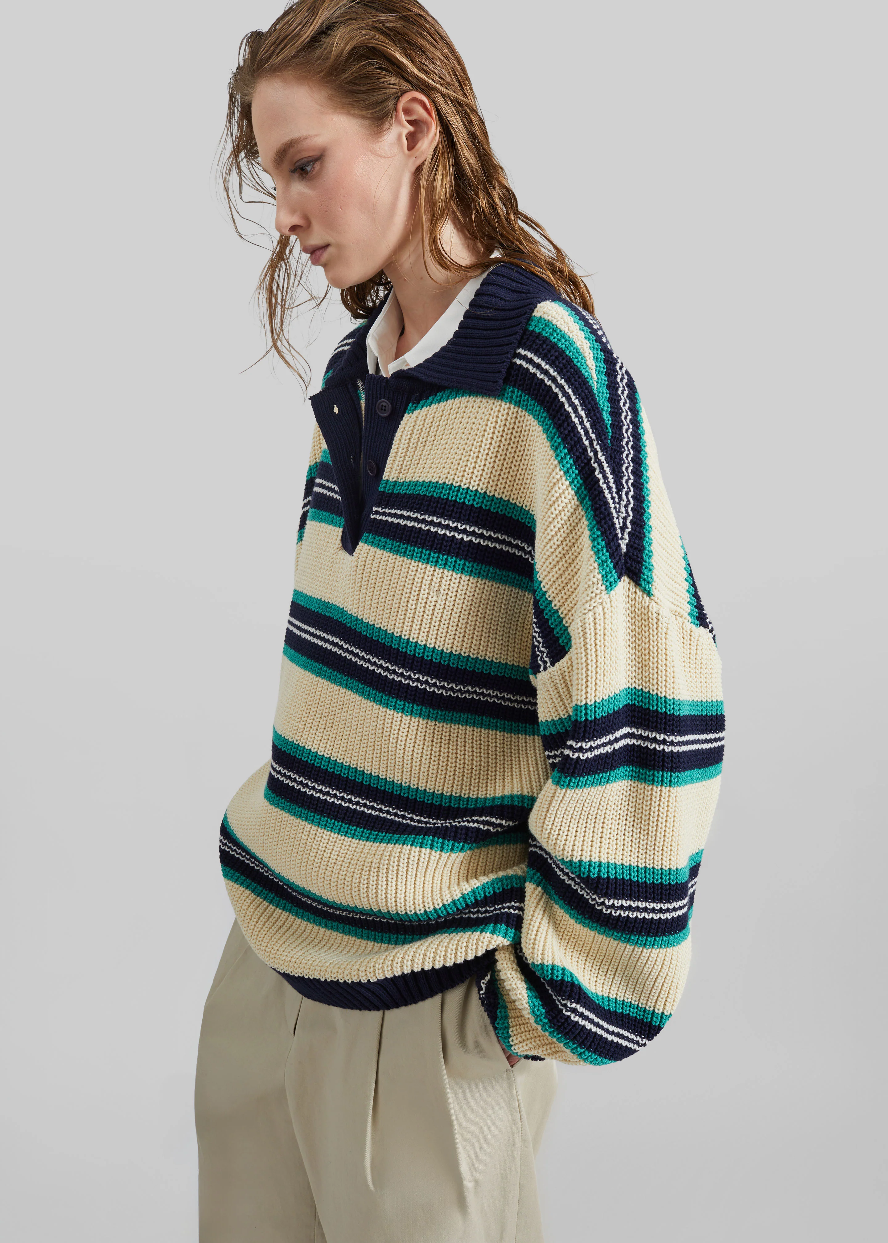 Nordby Knit Polo Sweater - Cream/Navy Stripe - Image 3