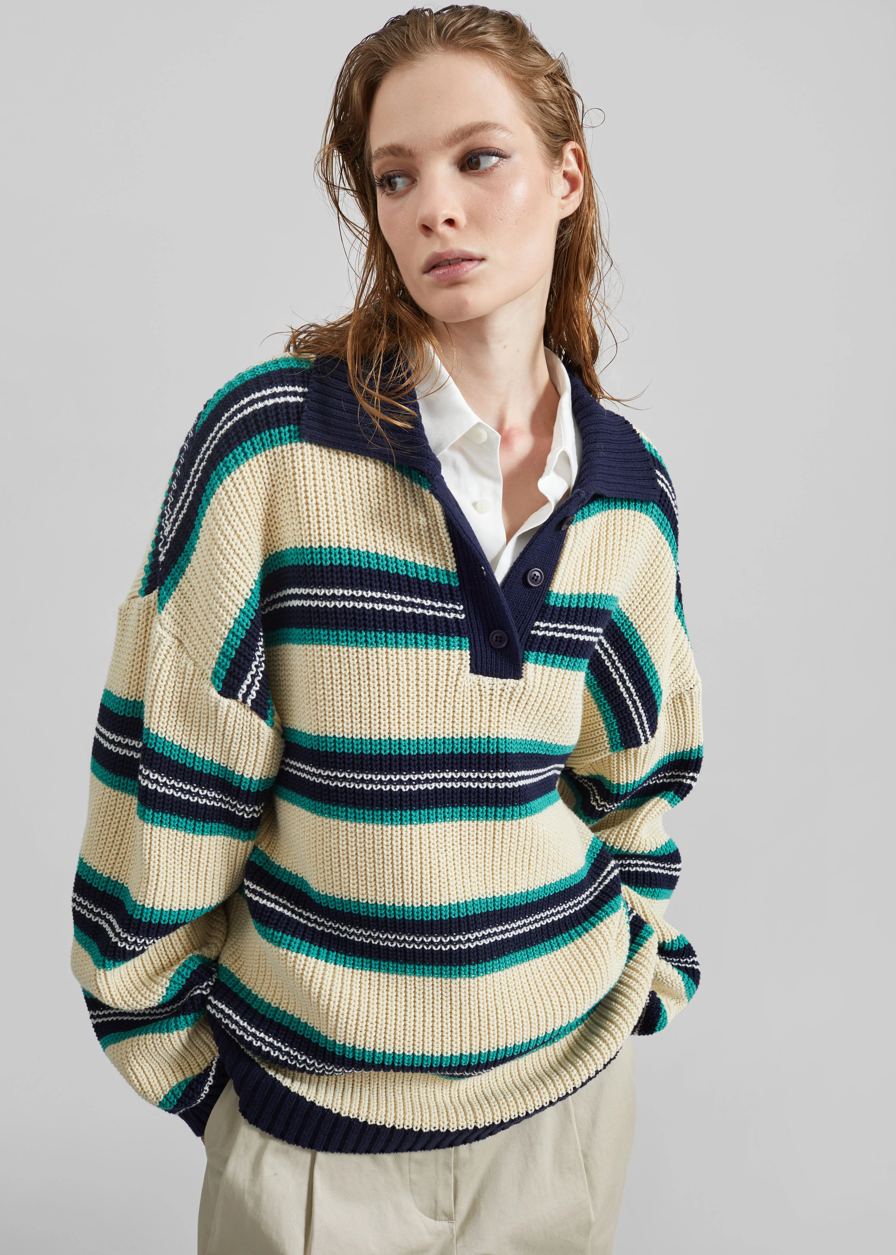 Nordby Knit Polo Sweater - Cream/Navy Stripe - Image 4