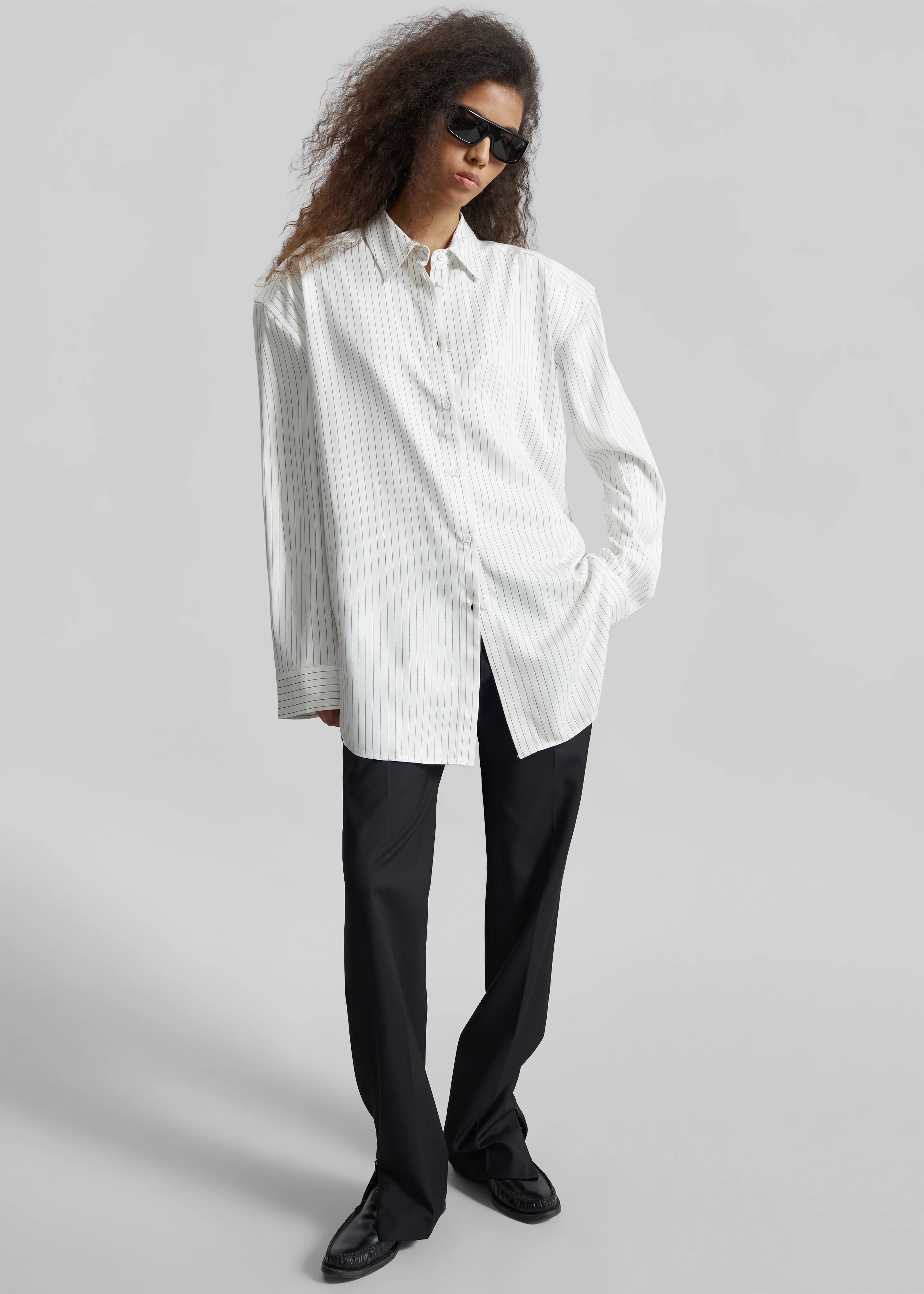 Oana Fluid Button-Up Shirt - White/Black Stripe - Image 2