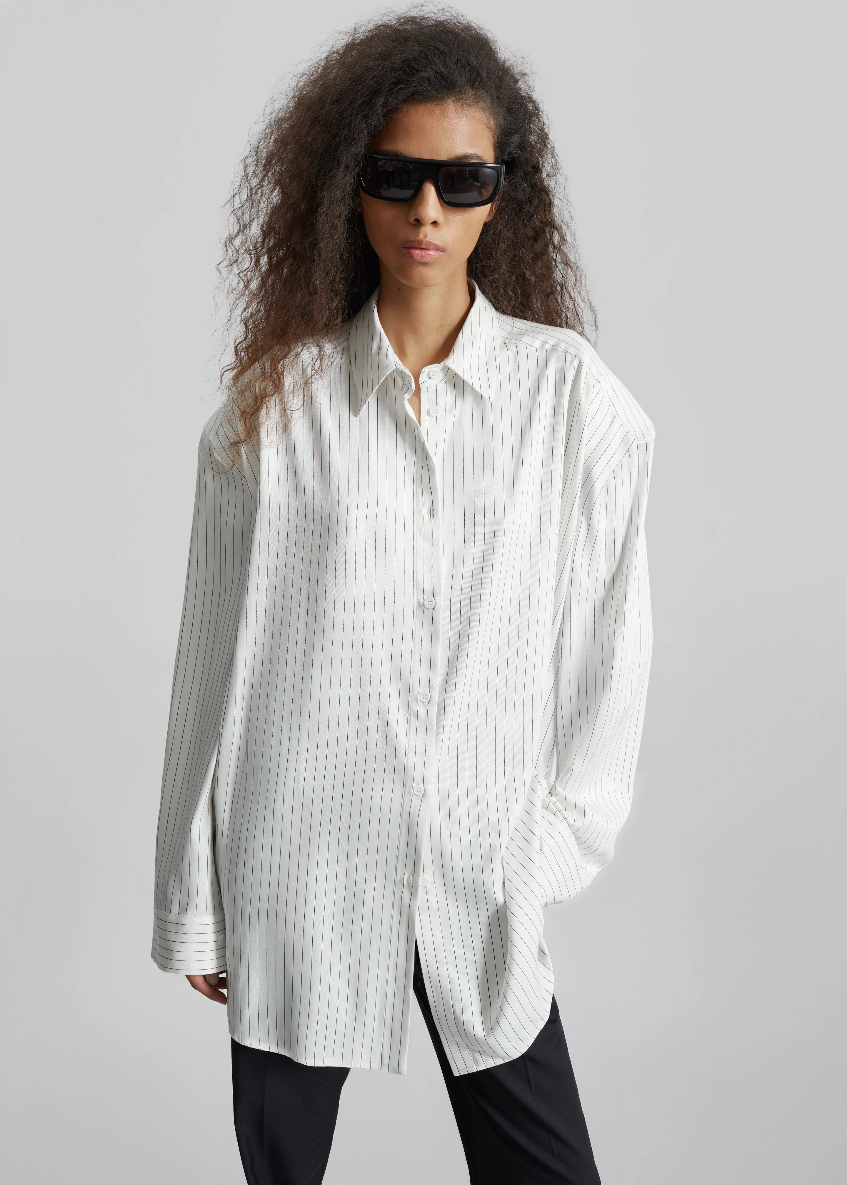 Oana Fluid Button-Up Shirt - White/Black Stripe - Image 3