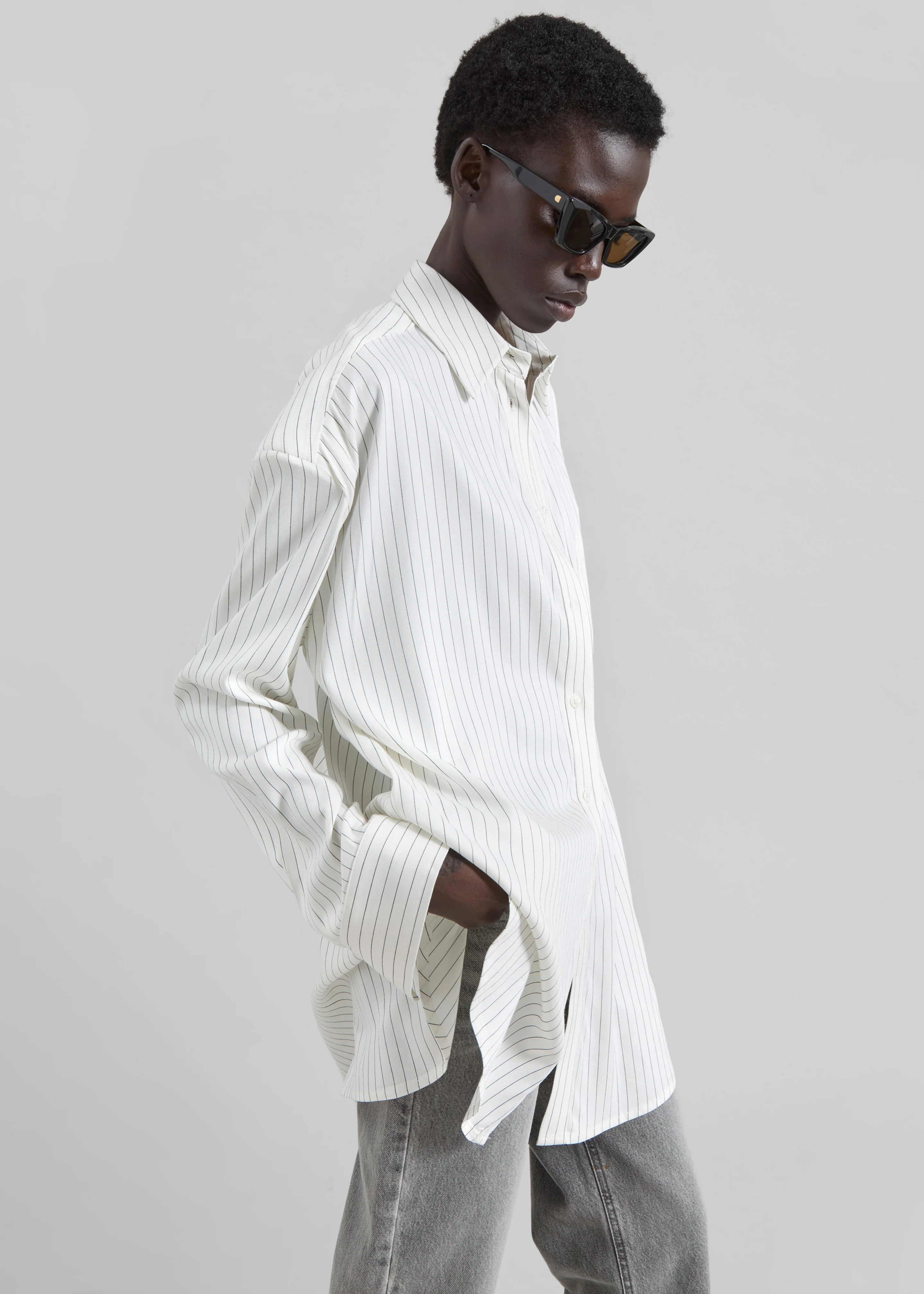 Oana Fluid Button-Up Shirt - White/Black Stripe - Image 7