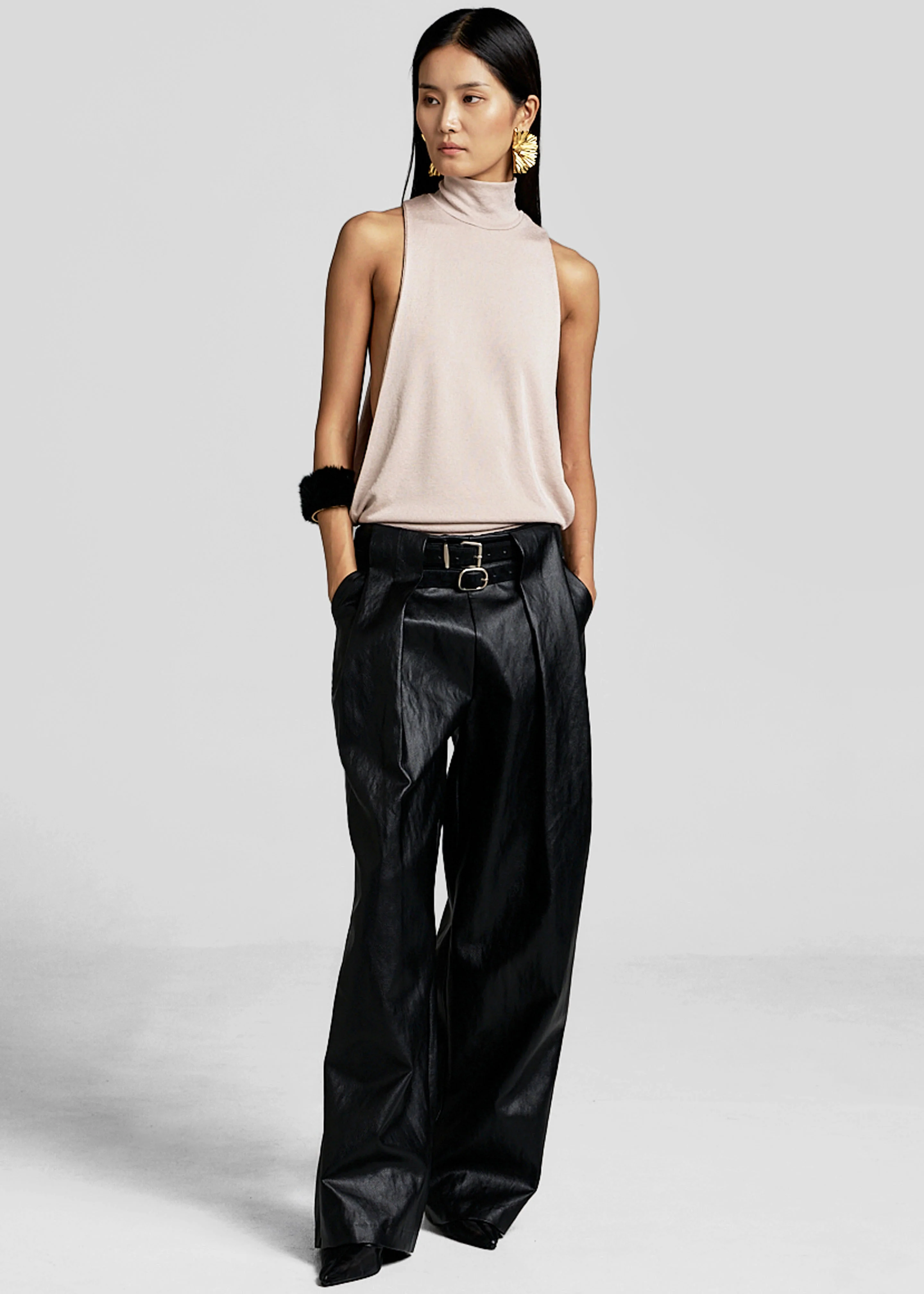 Olivet Faux Leather Trousers - Black - Image 7