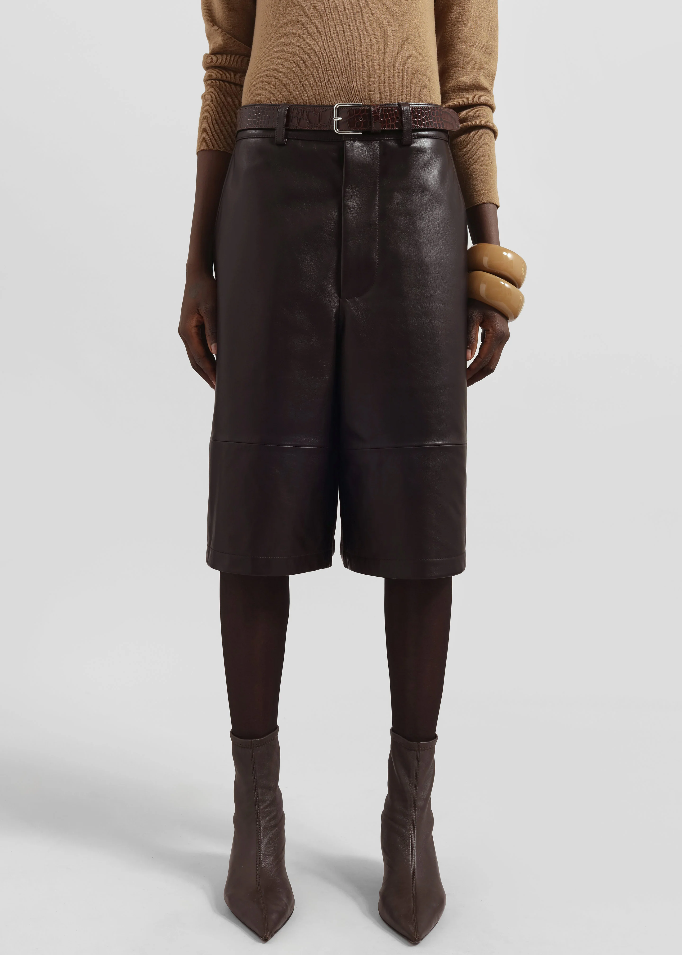 Olivia Leather Bermuda Shorts - Dark Brown - Image 2