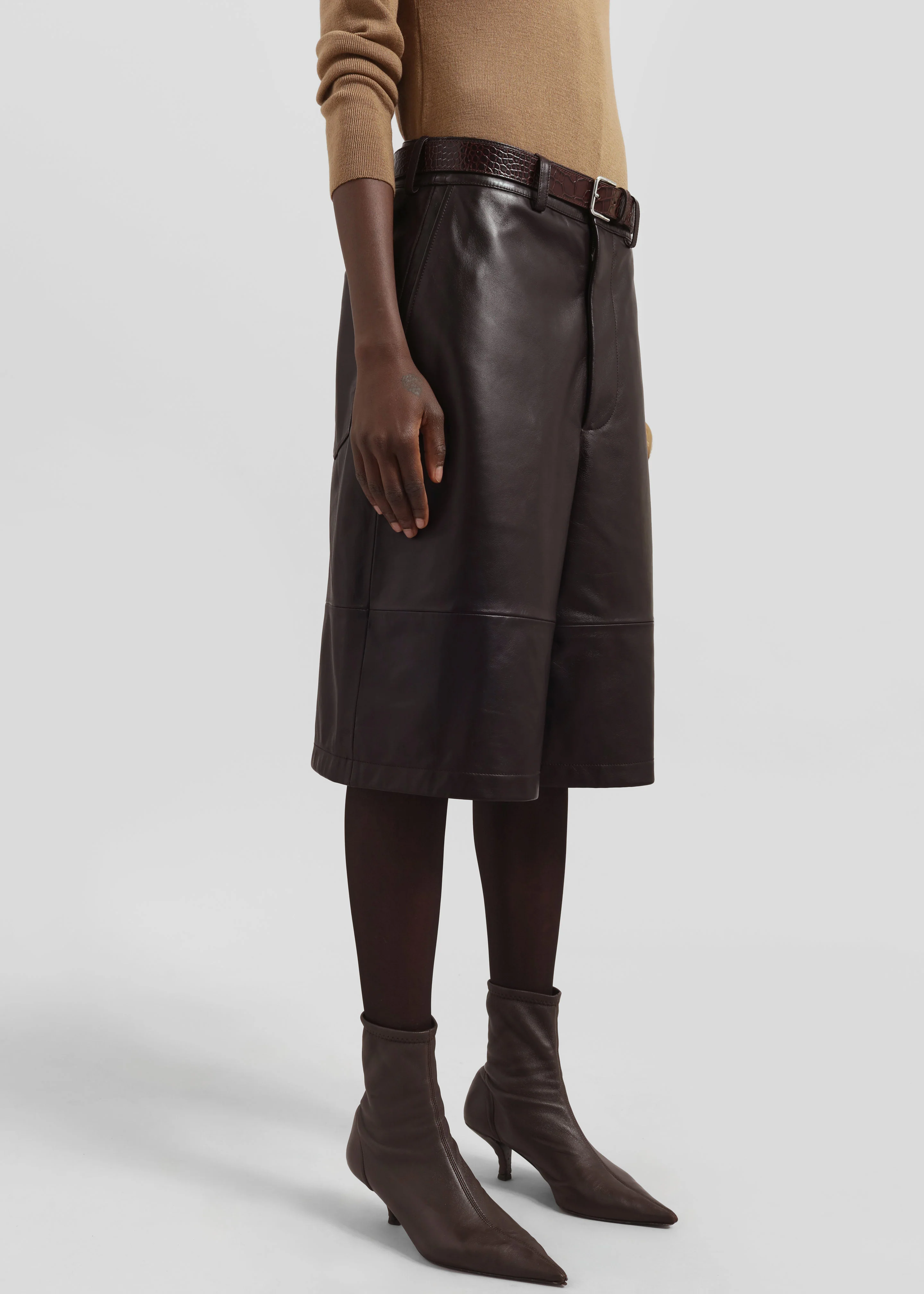 Olivia Leather Bermuda Shorts - Dark Brown - Image 6