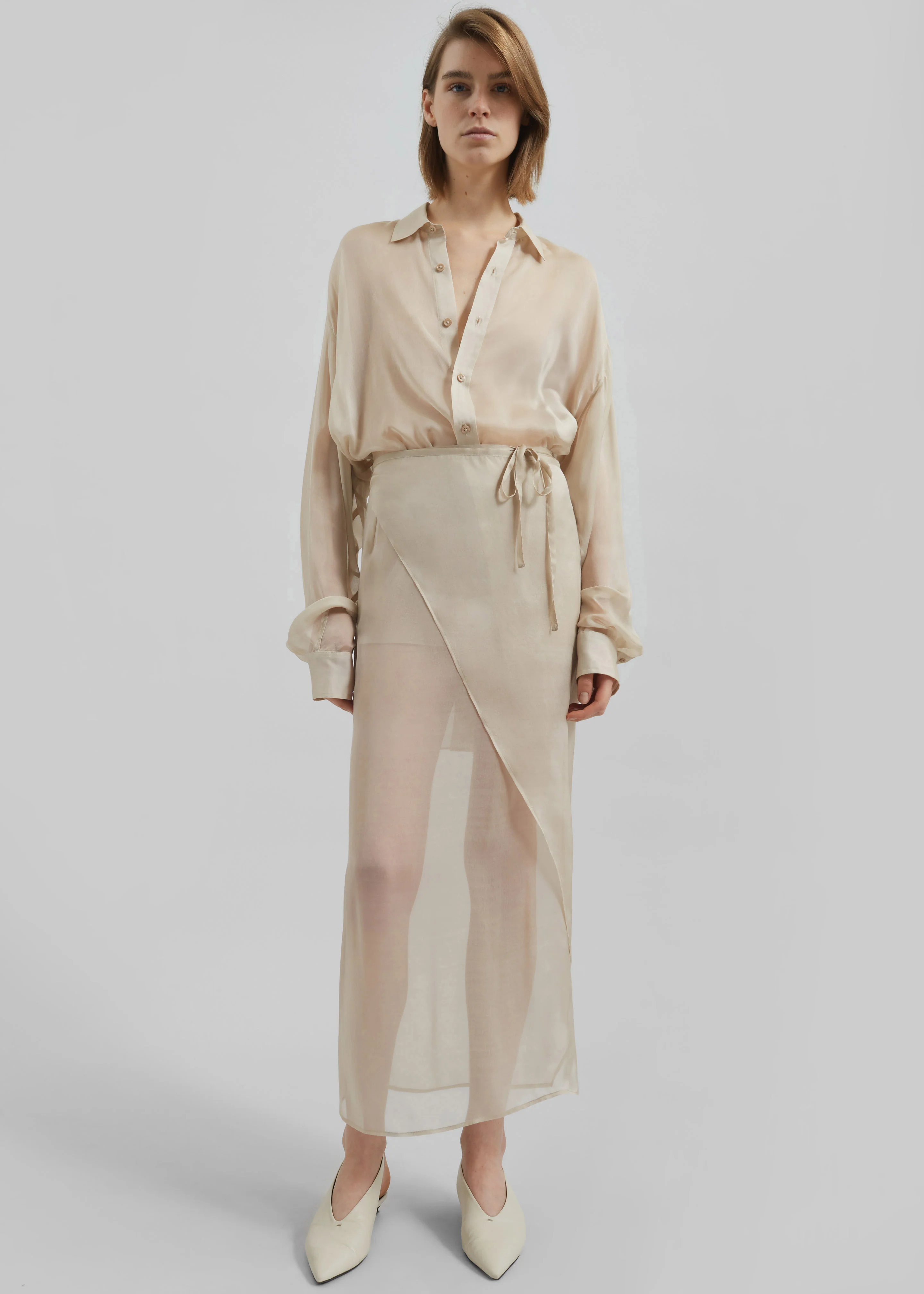 Oria Sheer Silk Chiffon Shirt - Beige - Image 2