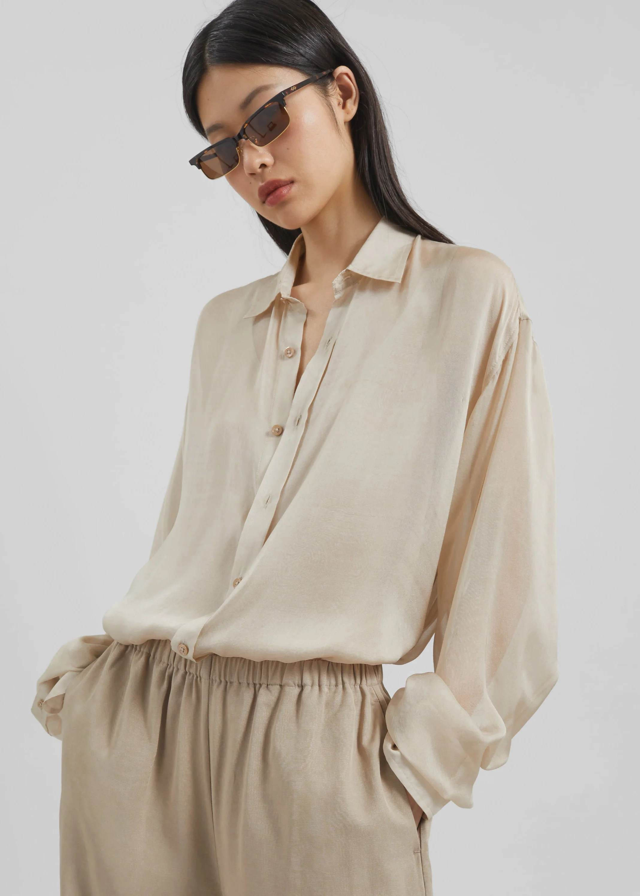 Oria Sheer Silk Chiffon Shirt - Beige - Image 6