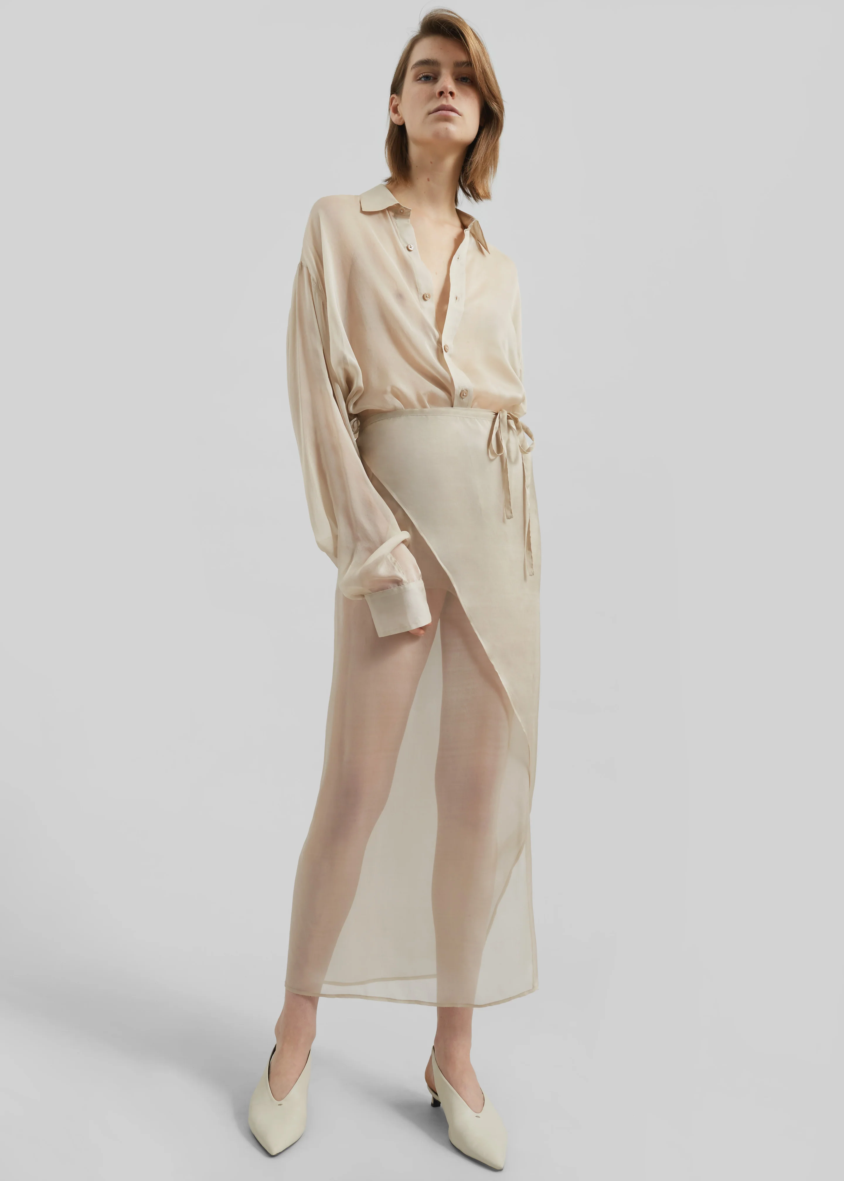 Oria Sheer Silk Chiffon Wrap Skirt - Beige - Image 4