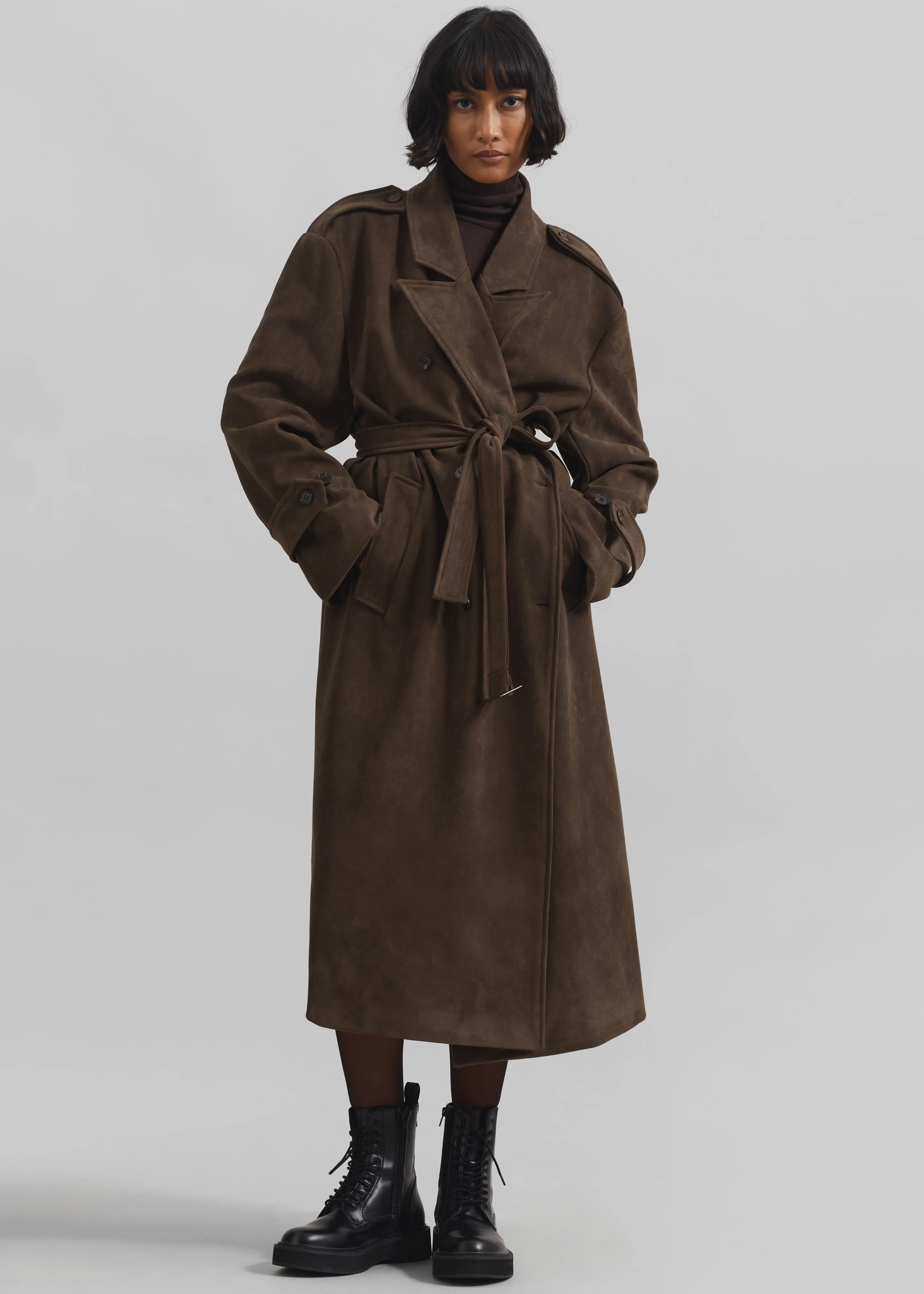 Peoria Faux Suede Trench Coat - Brown - Image 2