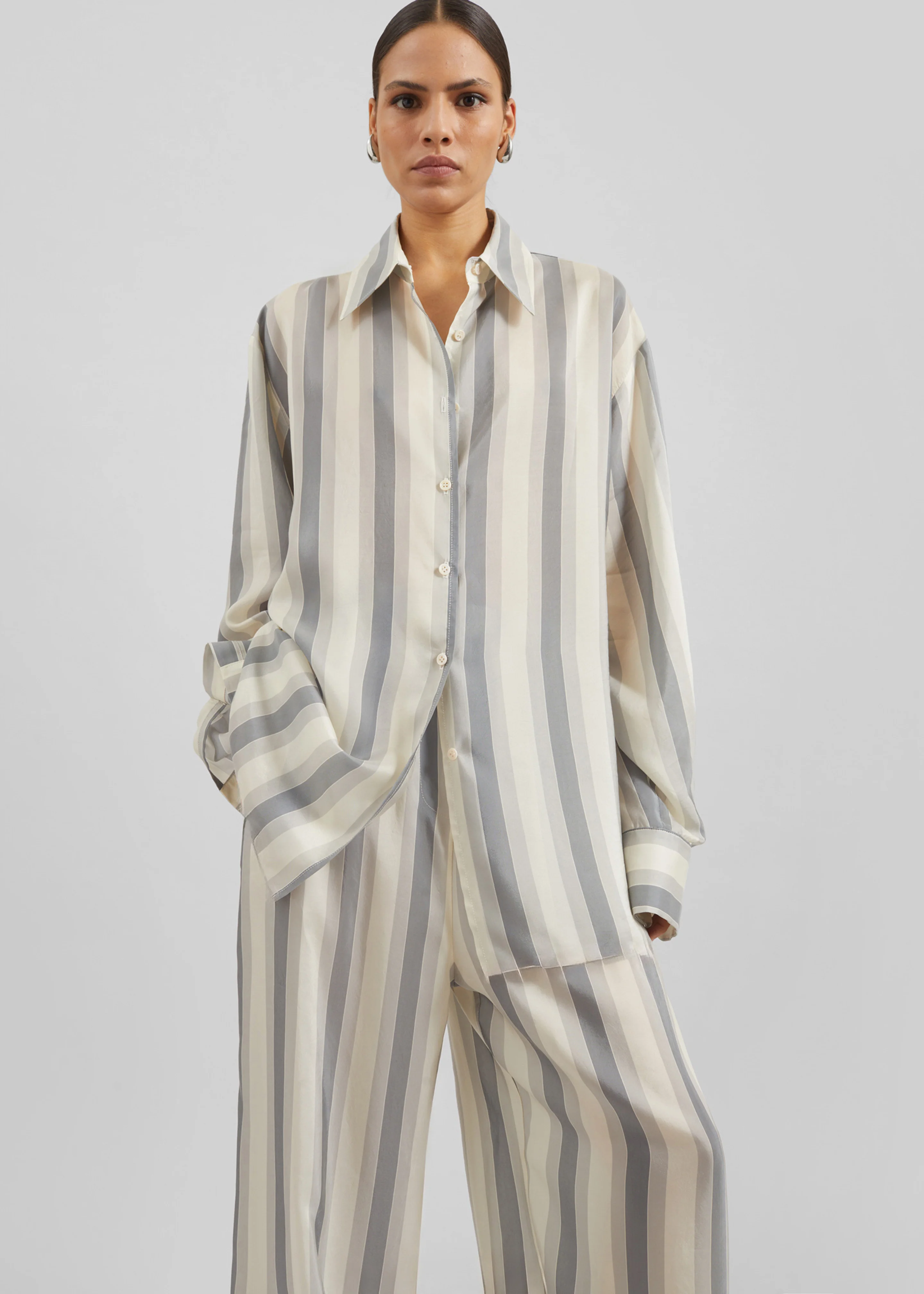 Peri Fluid Shirt - White/Grey Stripe - Image 4