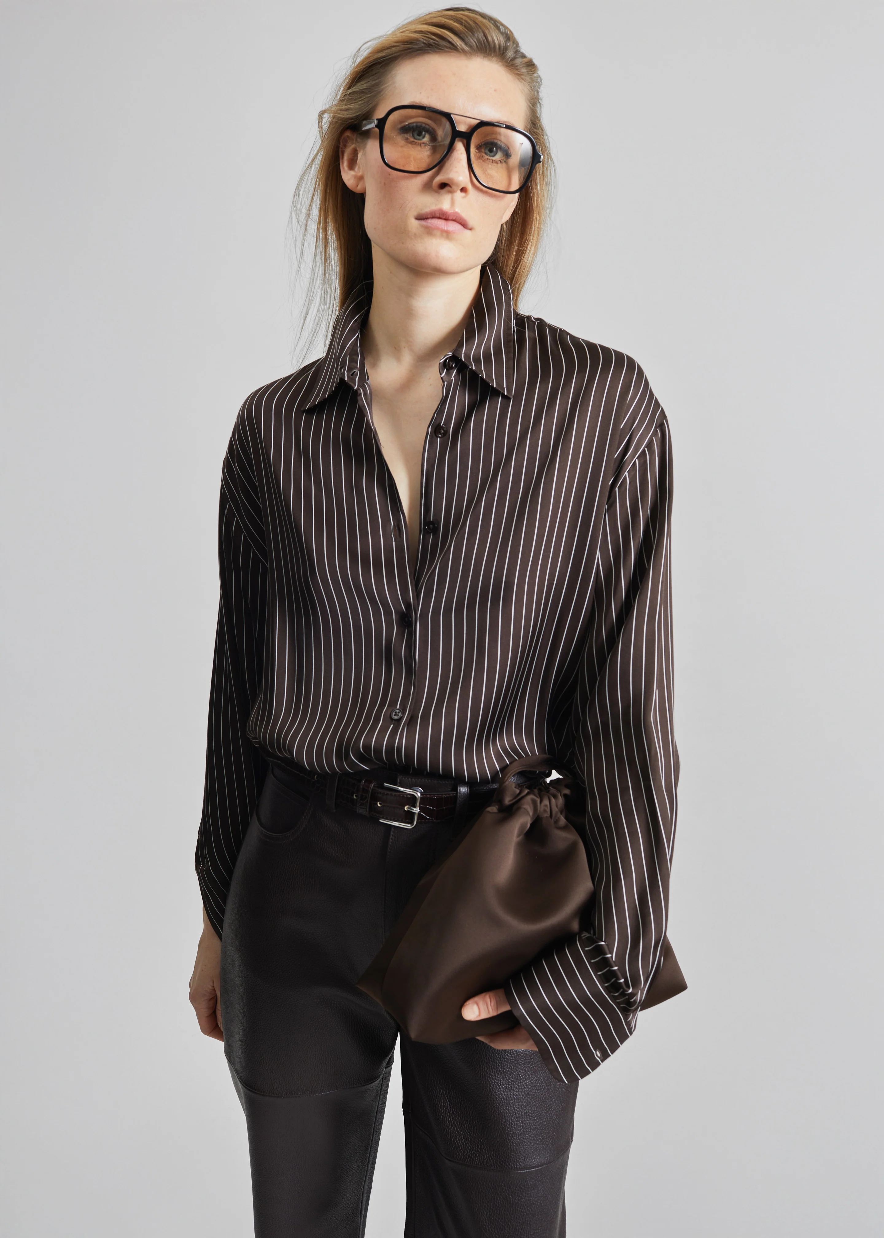 Peri Satin Fluid Shirt - Brown/White Pinstripe - Image 3