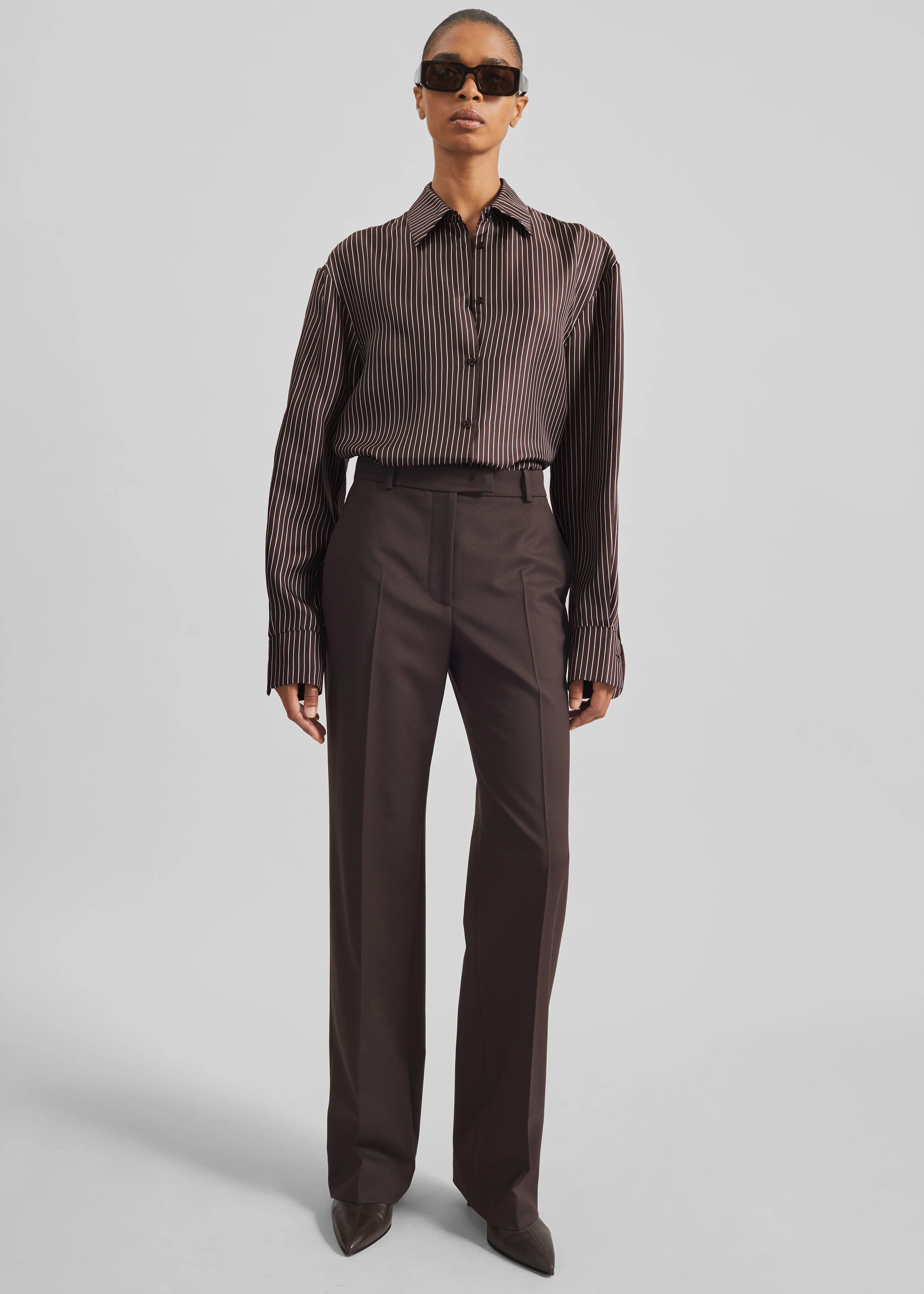 Peri Satin Fluid Shirt - Brown/White Pinstripe - Image 7